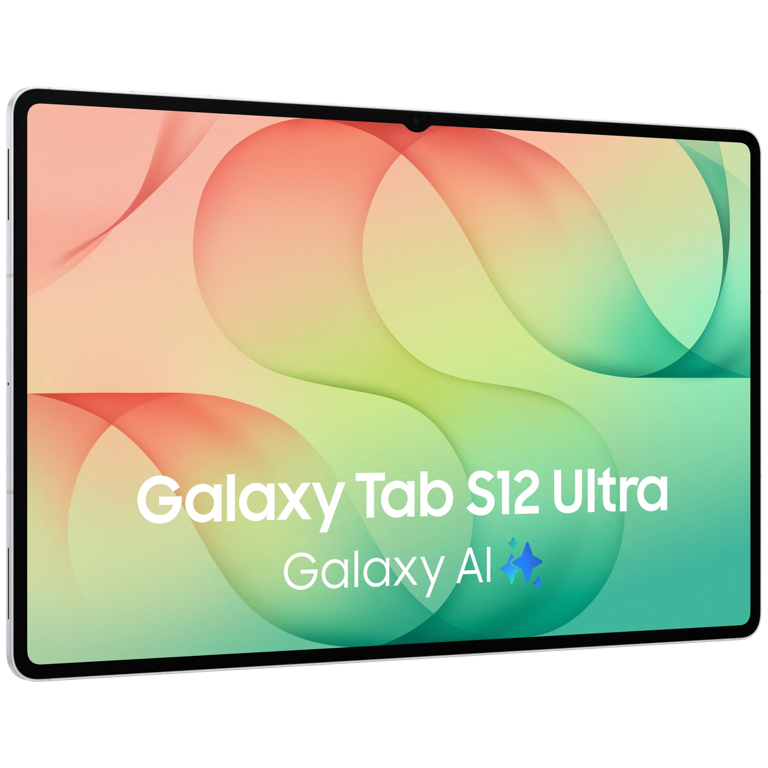 Une Galaxy Tab S12 Ultra argentée avec fond coloré et texte Galaxy AI.