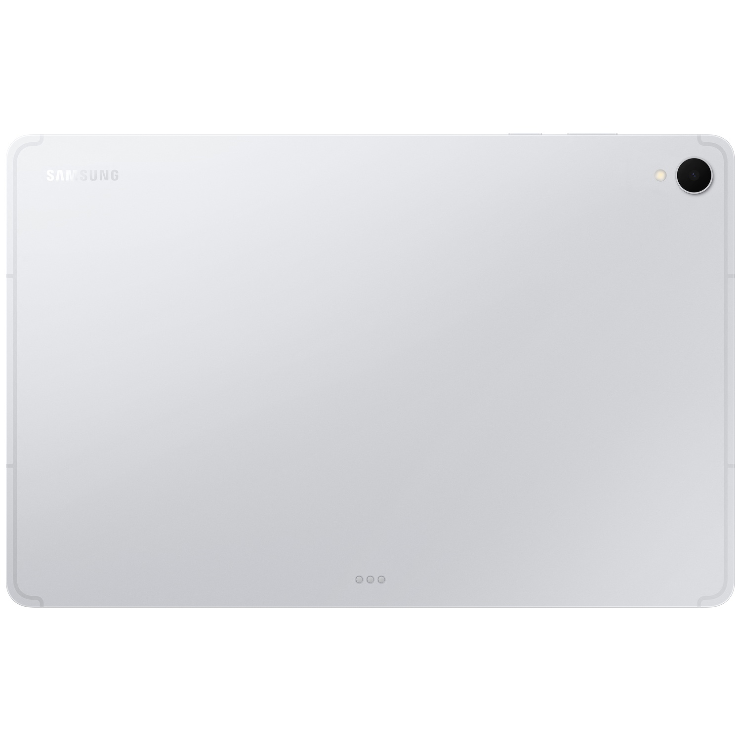 Dos d'une tablette Samsung argentée avec un appareil photo et un logo.