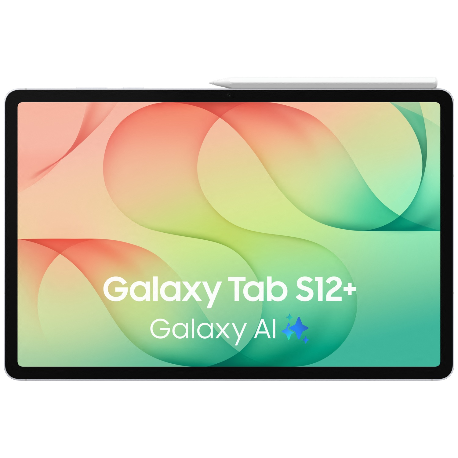 Une Galaxy Tab S12+ avec stylet affiche un fond coloré et le texte Galaxy AI.