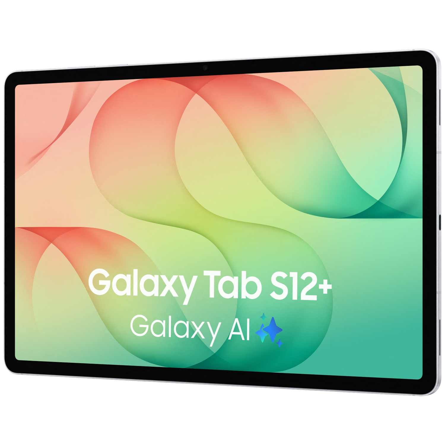 Une tablette argentée avec des vagues colorées affiche le texte 'Galaxy Tab S12+ Galaxy AI'.
