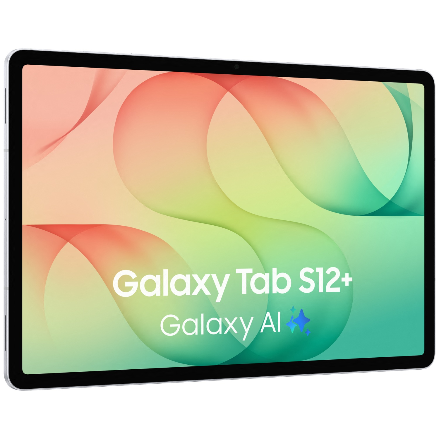 Une tablette Galaxy Tab S12+ affiche un fond coloré et ondulé et le texte Galaxy AI.