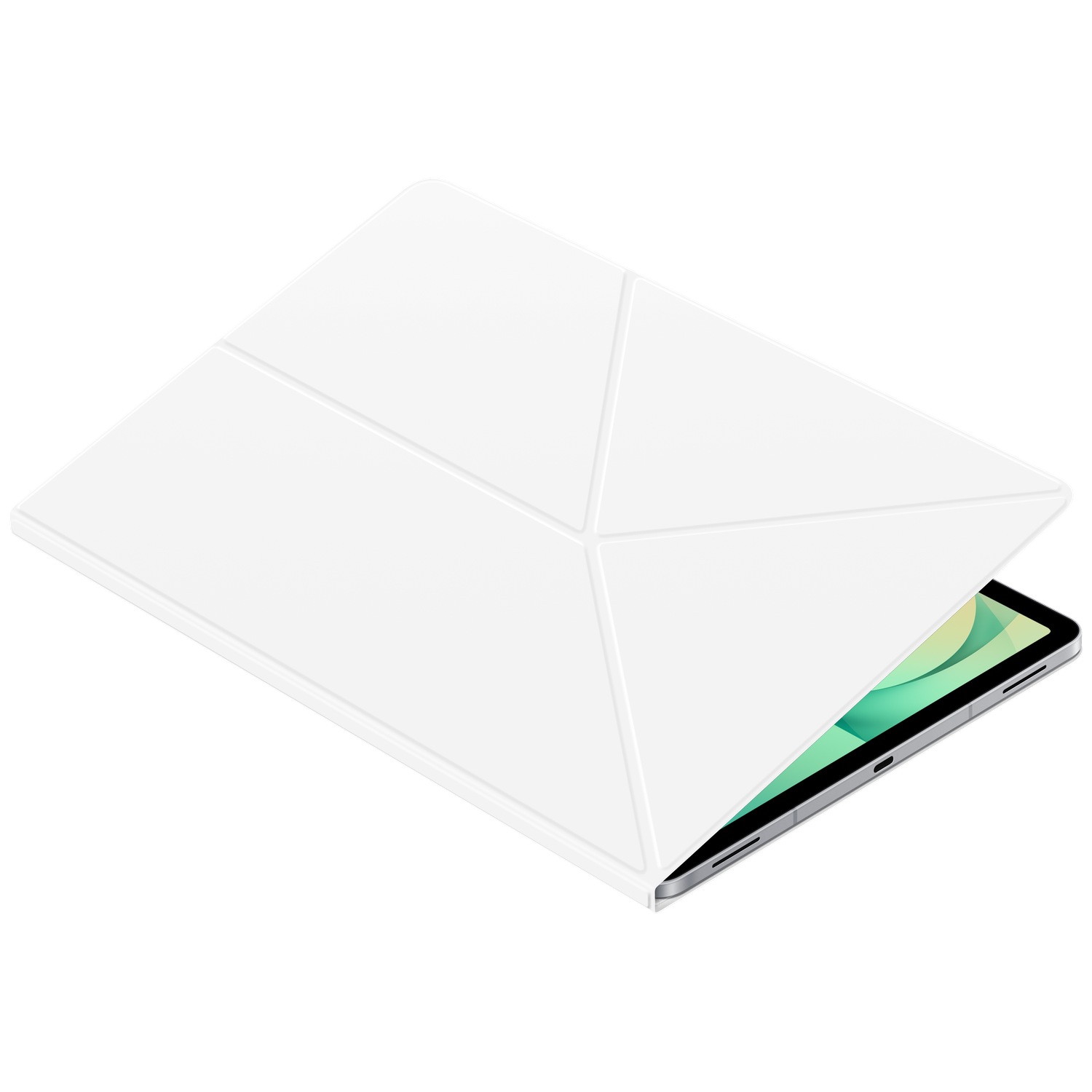 Een witte tablethoes ligt op een tablet tegen een zwarte achtergrond.