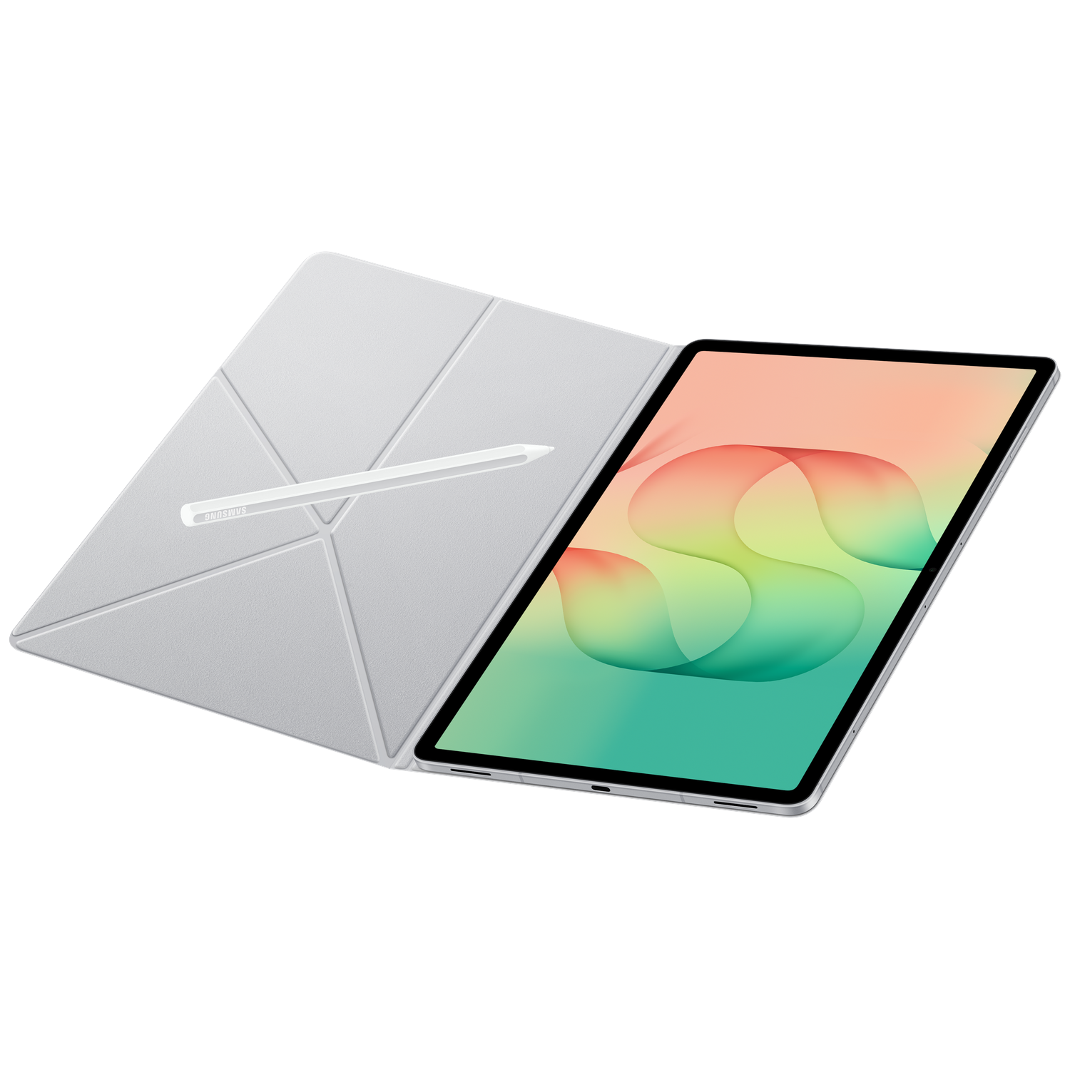 Een zilveren tablet met kleurenscherm, bijpassende hoes en stylus op een zwarte achtergrond.