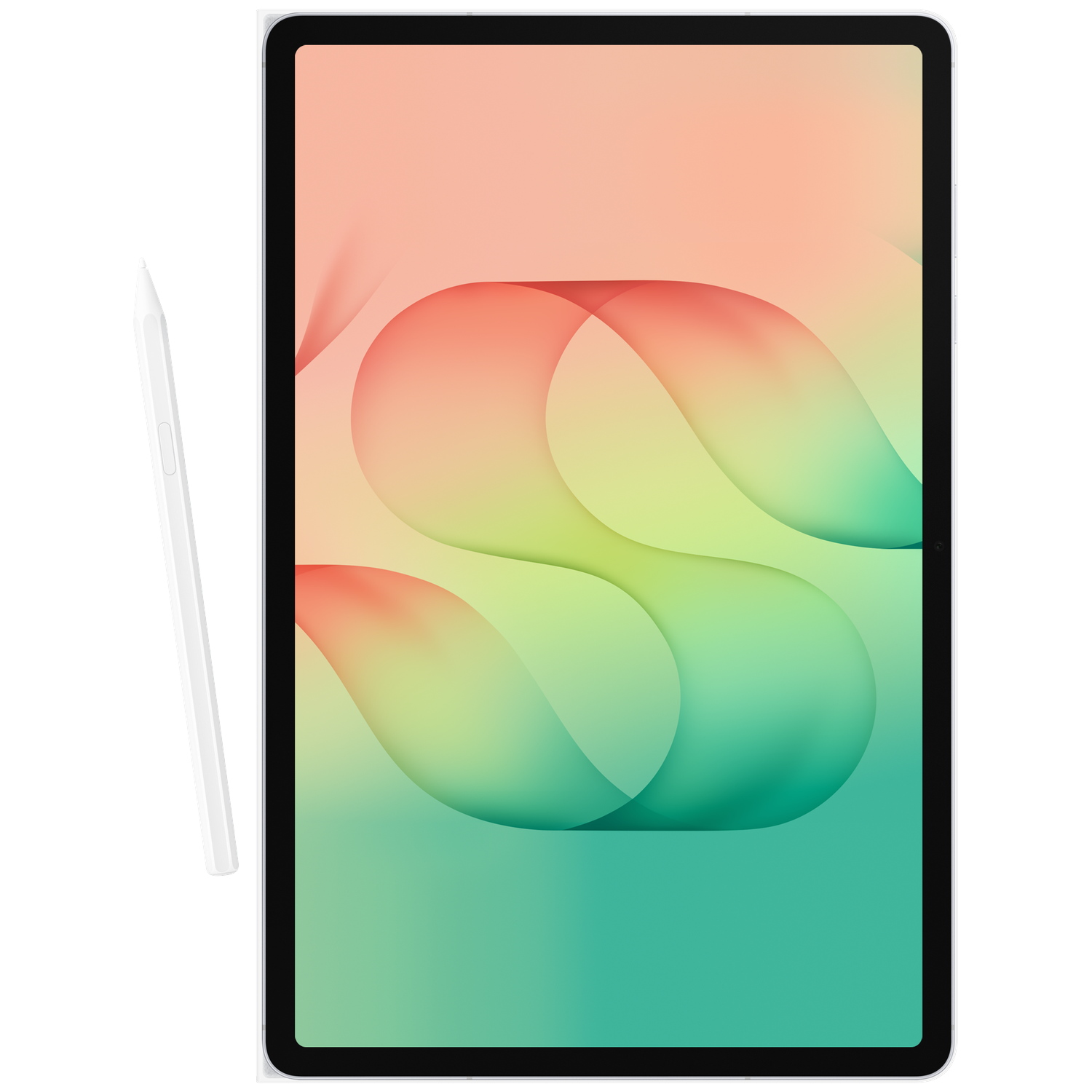 Een witte tablet met een verloopwandscherm ligt naast een witte stylus op een zwarte achtergrond.