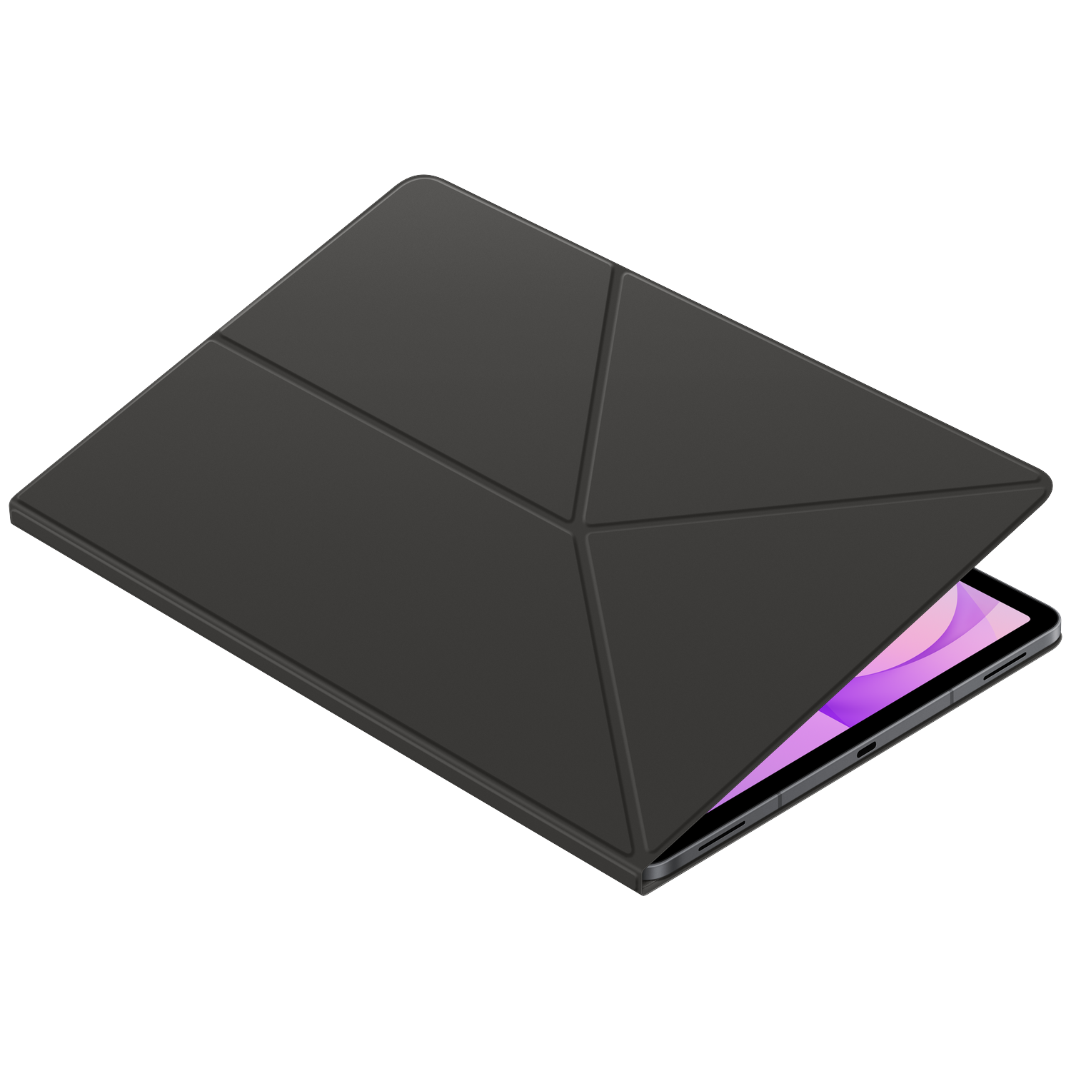 Een tablet in een donkergrijze hoes met geometrische patronen tegen een zwarte achtergrond.