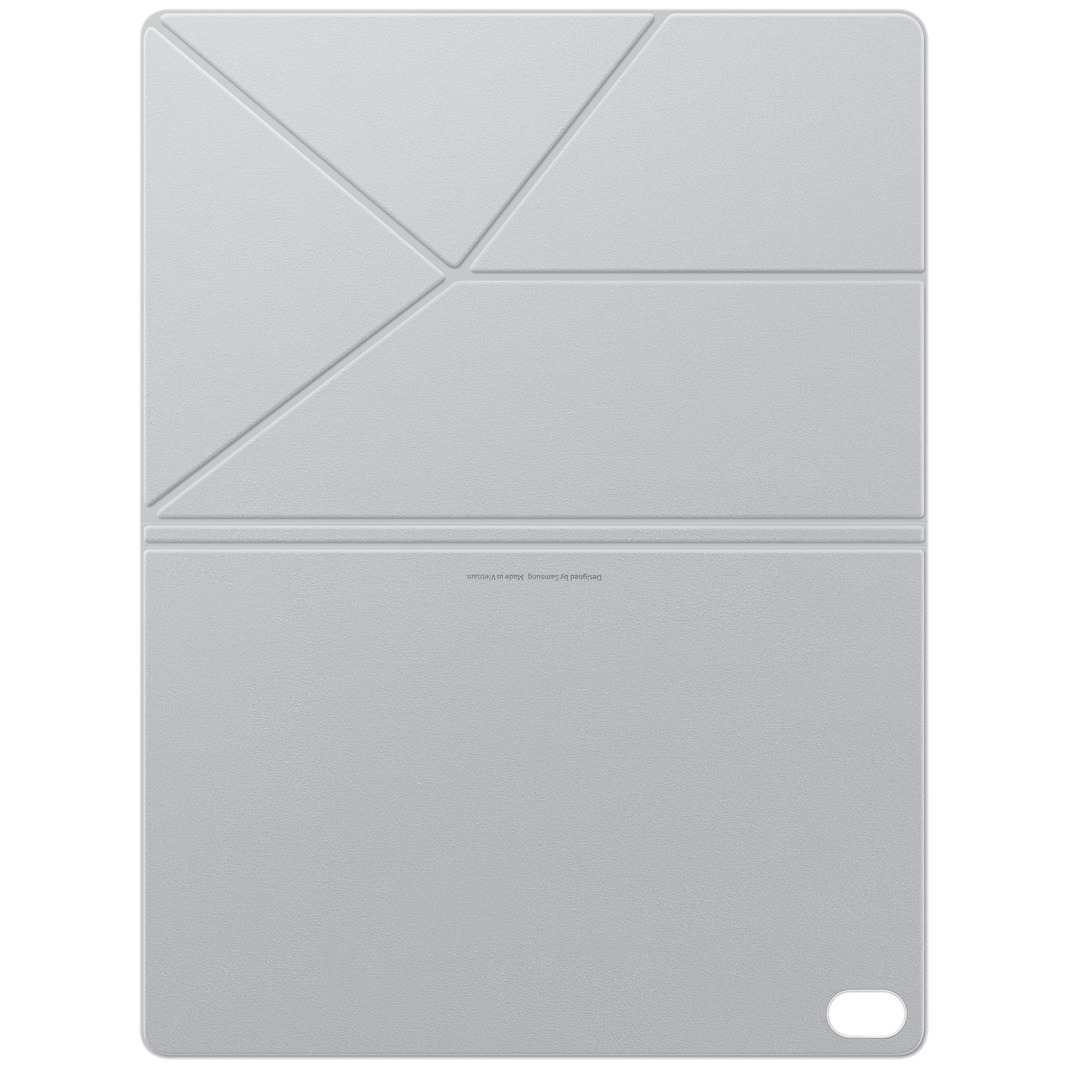 Grijze tablethoes met geometrisch vouwpatroon en camera-uitsparing op een zwarte achtergrond.