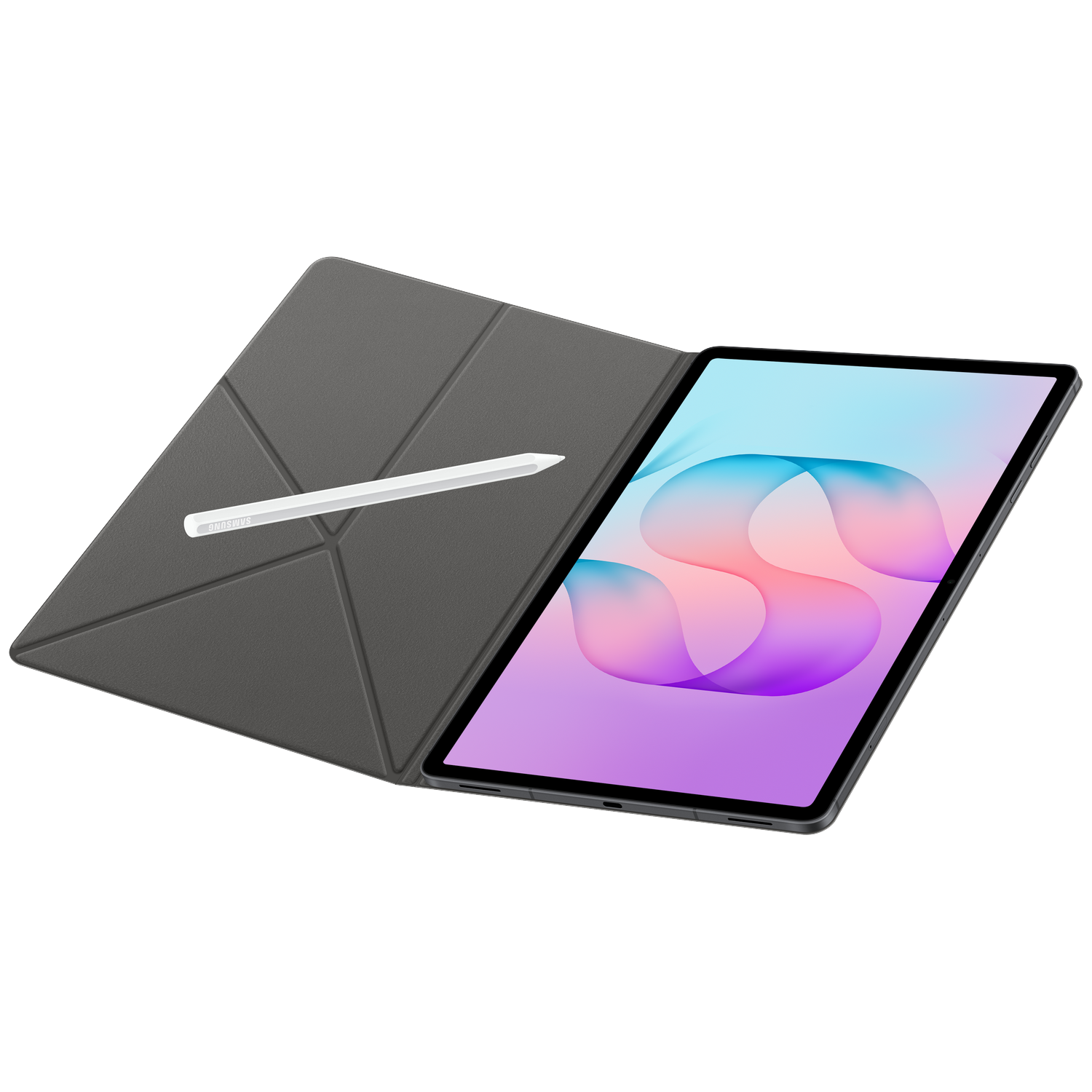 Een grijze tablet met kleurrijk scherm, bijpassende hoes en witte stylus tegen zwarte achtergrond.