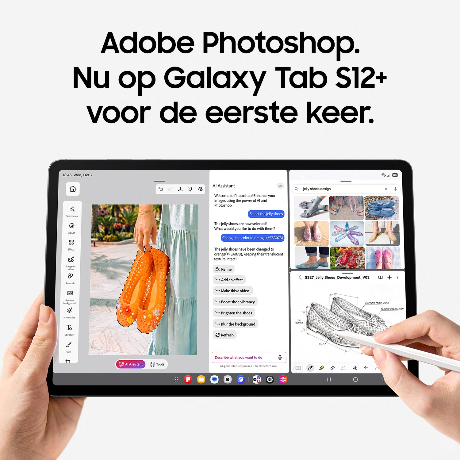 Adobe Photoshop op Galaxy Tab S12+, een tablet met foto-bewerking en AI-assistent.