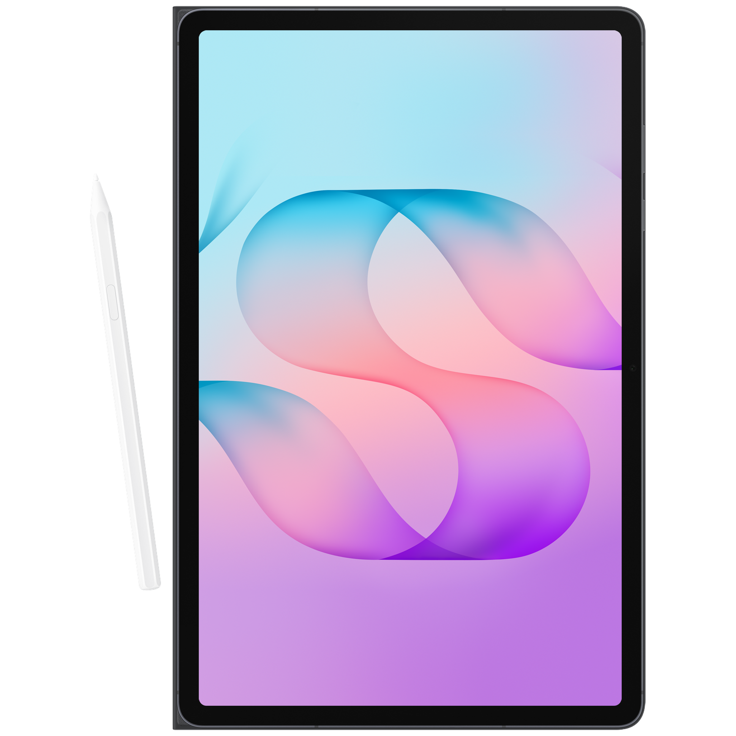 Een tablet met een kleurrijke abstracte achtergrond en een witte stylus pen links op een zwarte achtergrond.