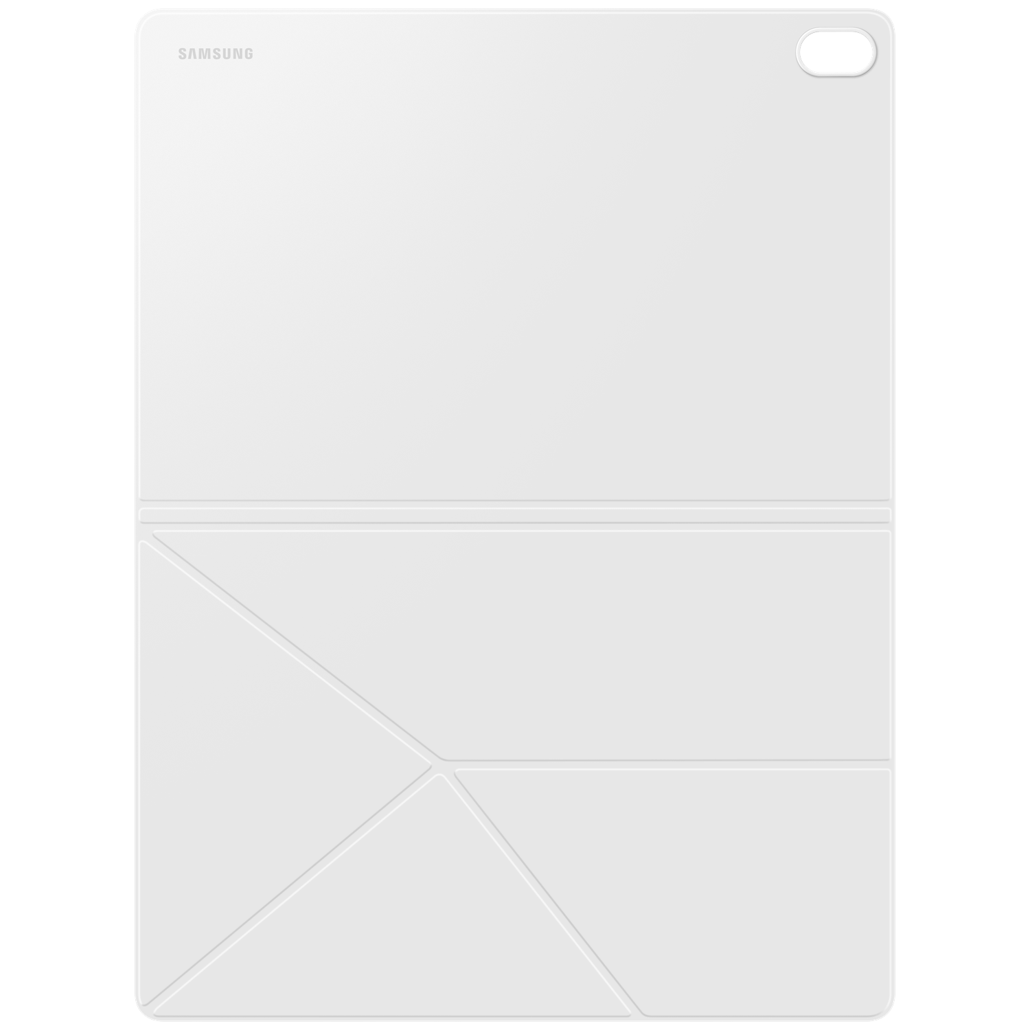 Een witte Samsung-tablethoes op een zwarte achtergrond met geometrische vouwlijnen.
