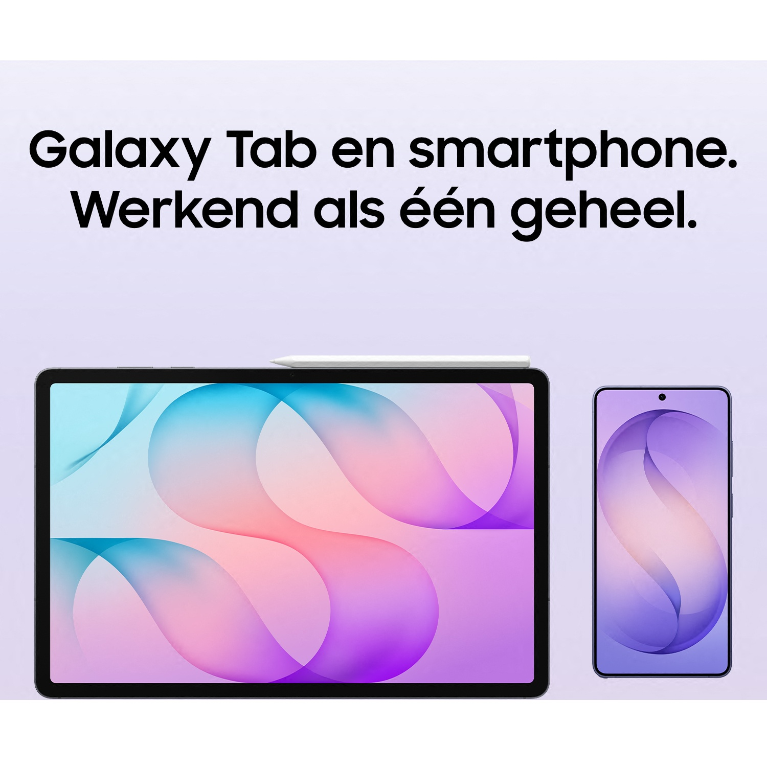 Een Galaxy Tab en smartphone op een witte achtergrond met tekst.