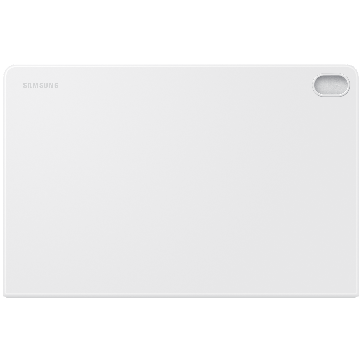 Achterkant van een witte Samsung tablet hoes met merklogo en camera-uitsparing.