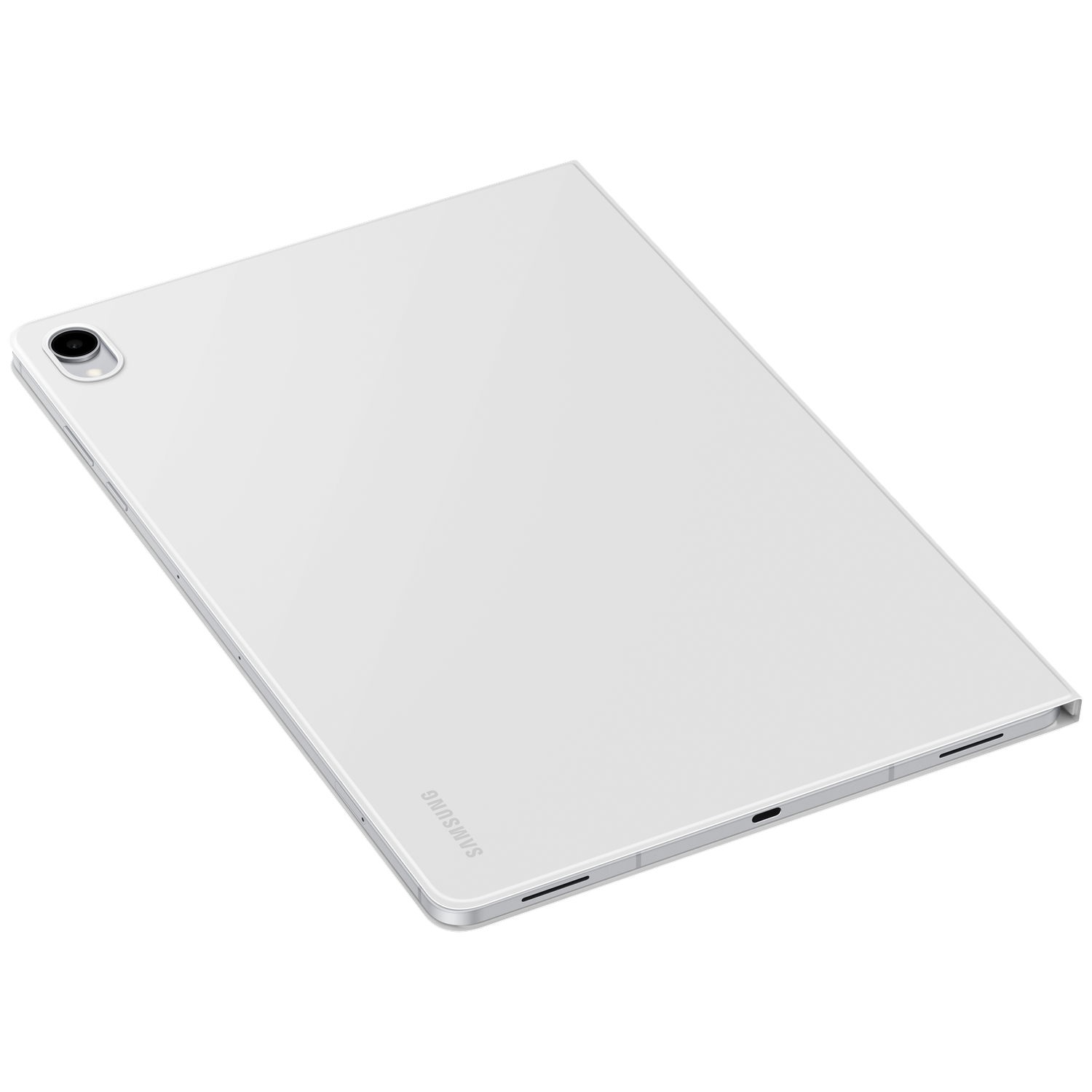 Een witte Samsung-tablet ligt schuin op een zwarte achtergrond met zicht op de achterkant en camera.