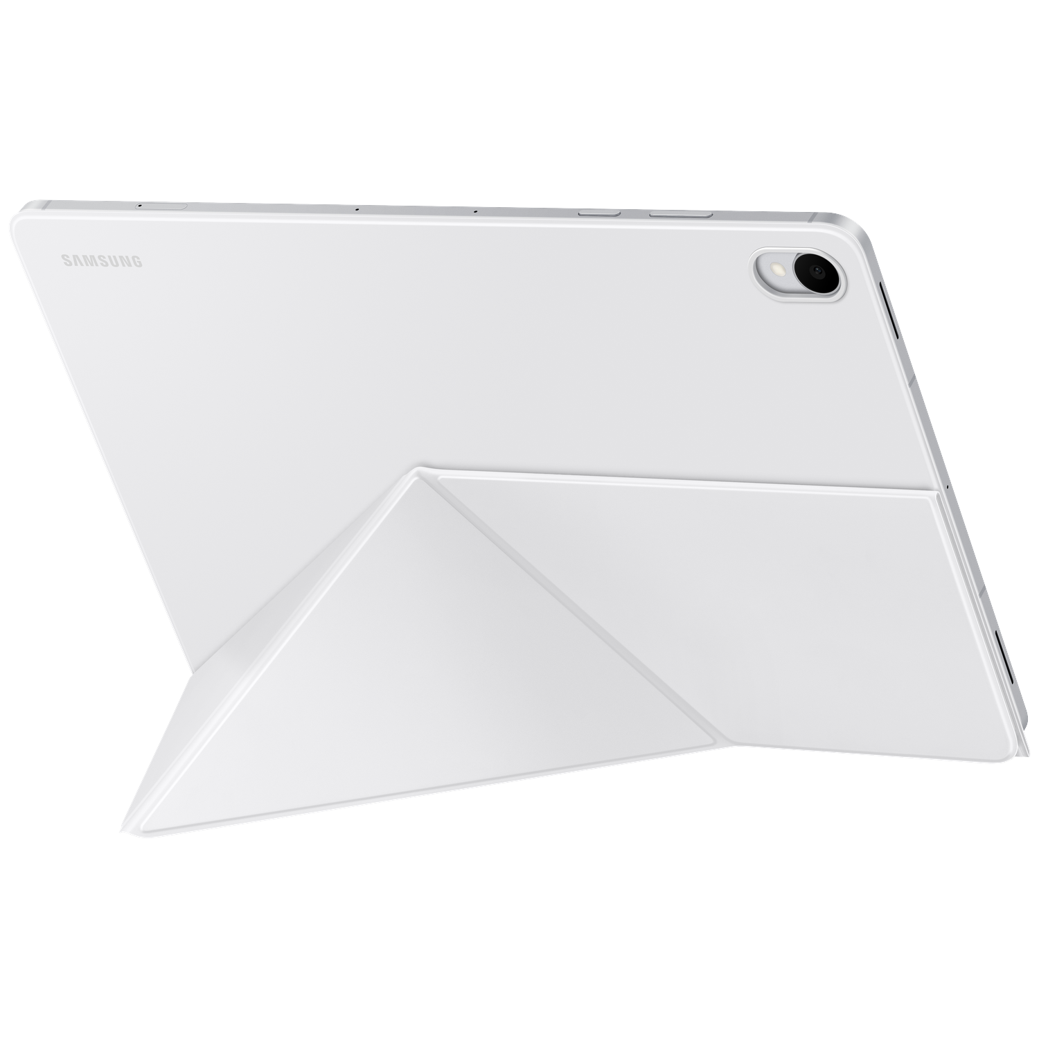 Achteraanzicht van een witte Samsung-tablet met standaard op zwarte achtergrond.