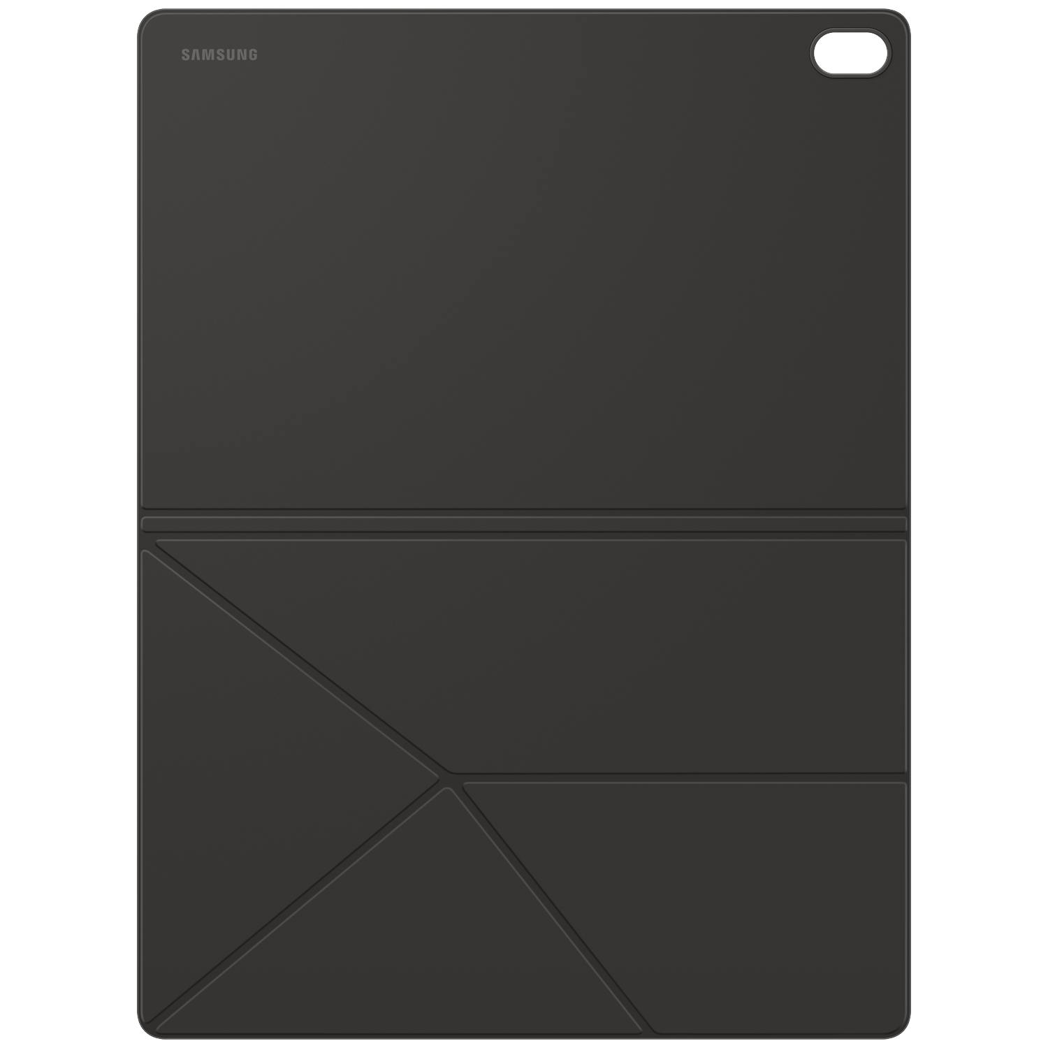 Zwarte Samsung-tablethoes met opvouwbaar ontwerp tegen een donkere achtergrond.