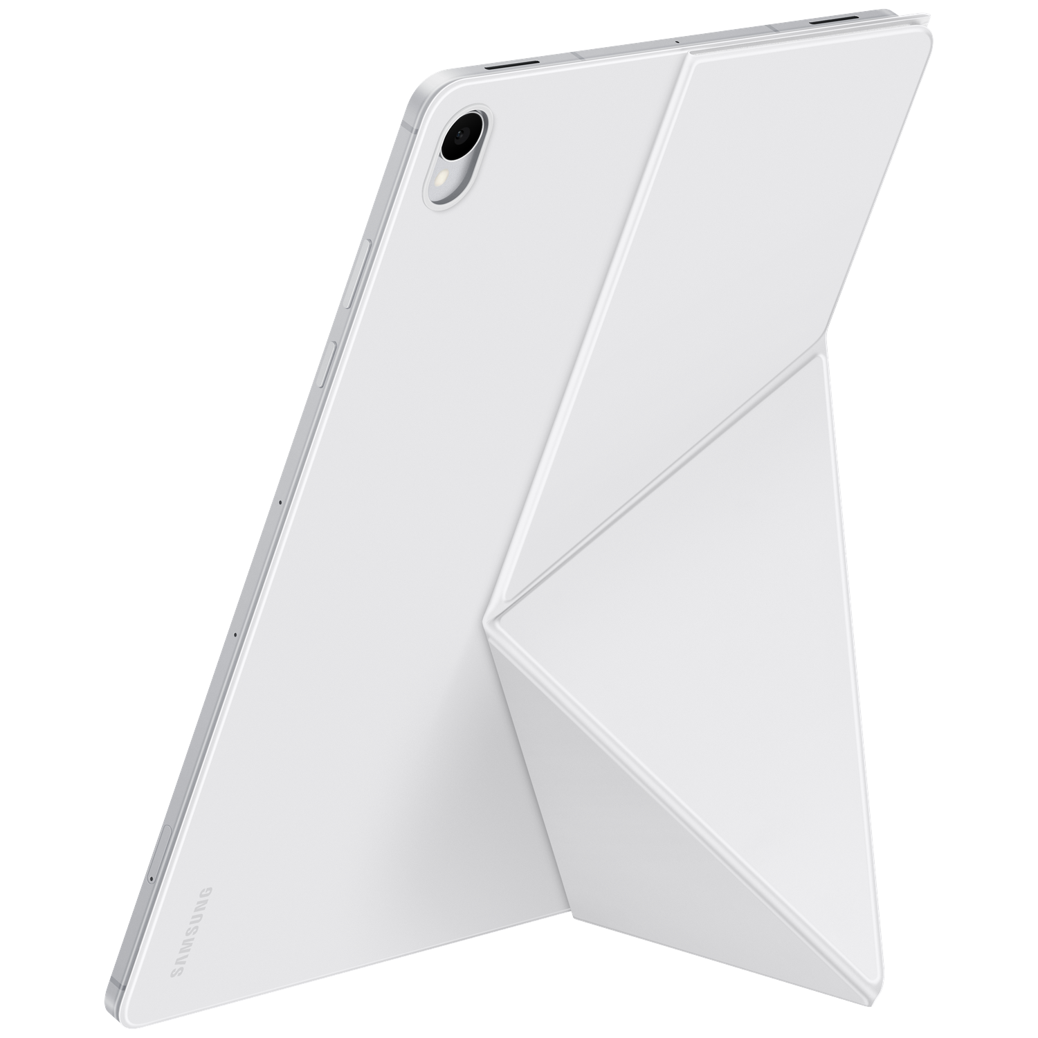 Een witte tablet met bijpassende beschermhoes staat op een zwarte ondergrond.