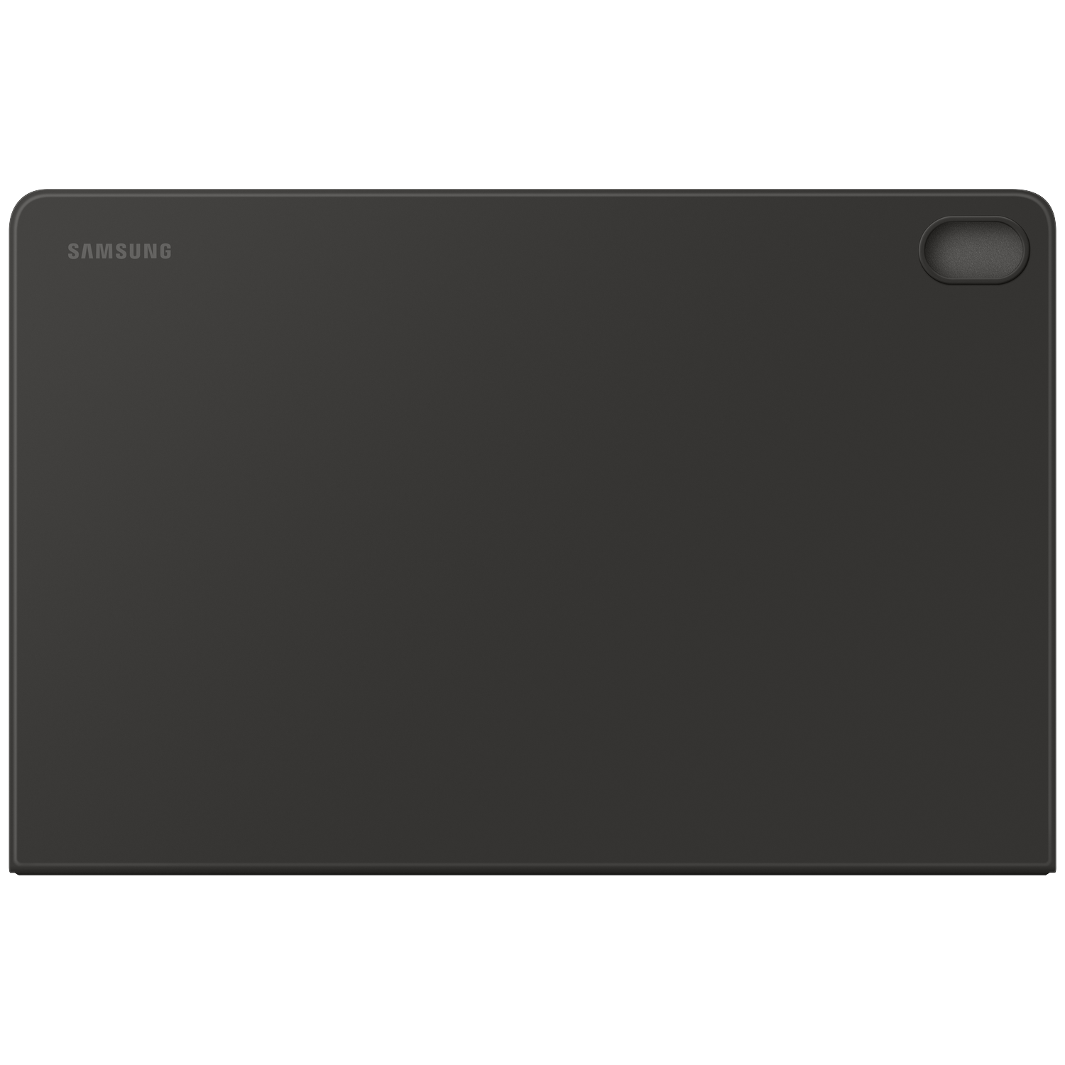 Achterkant van een donkere Samsung-tablet met cameramodule rechtsboven tegen een zwarte achtergrond.