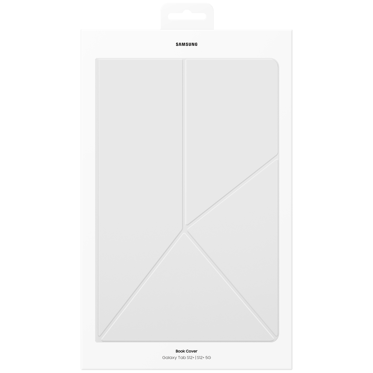 Witte verpakking voor een Samsung Galaxy Tab S12+ Book Cover tegen een zwarte achtergrond.