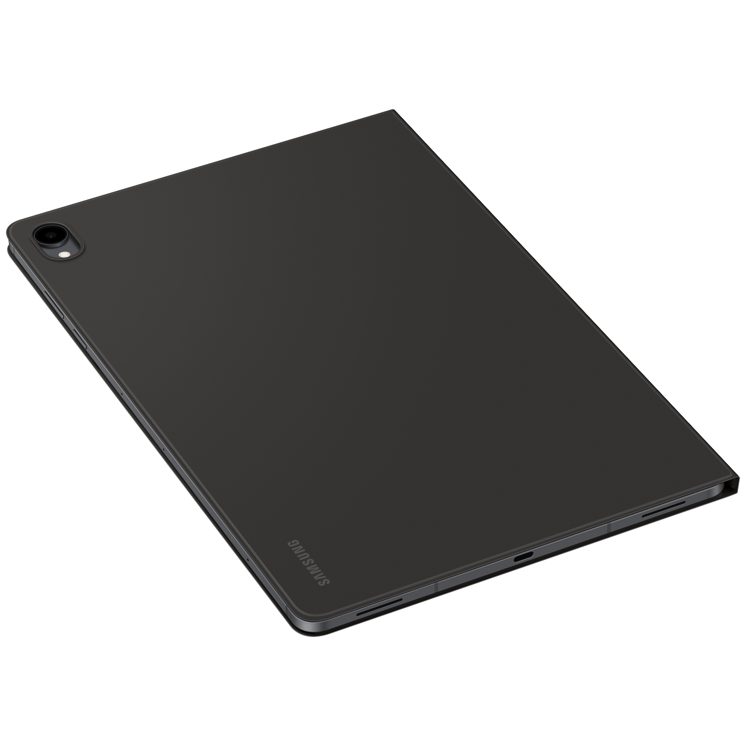 Achteraanzicht van een donkere Samsung-tablet op zwarte achtergrond, met camera en logo.
