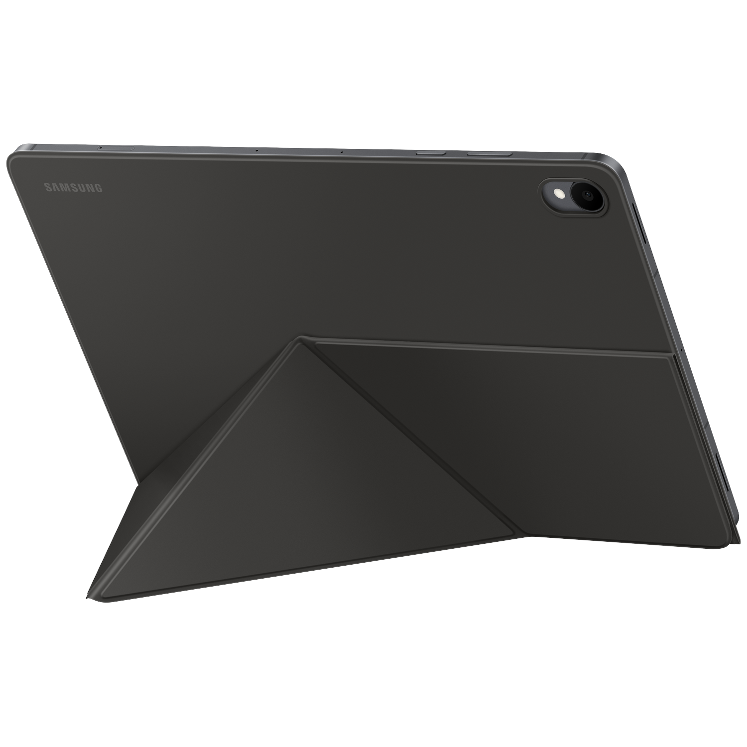 Achteraanzicht van een grijze Samsung-tablet in een beschermhoes die als stand gebruikt wordt, tegen zwarte achtergrond.