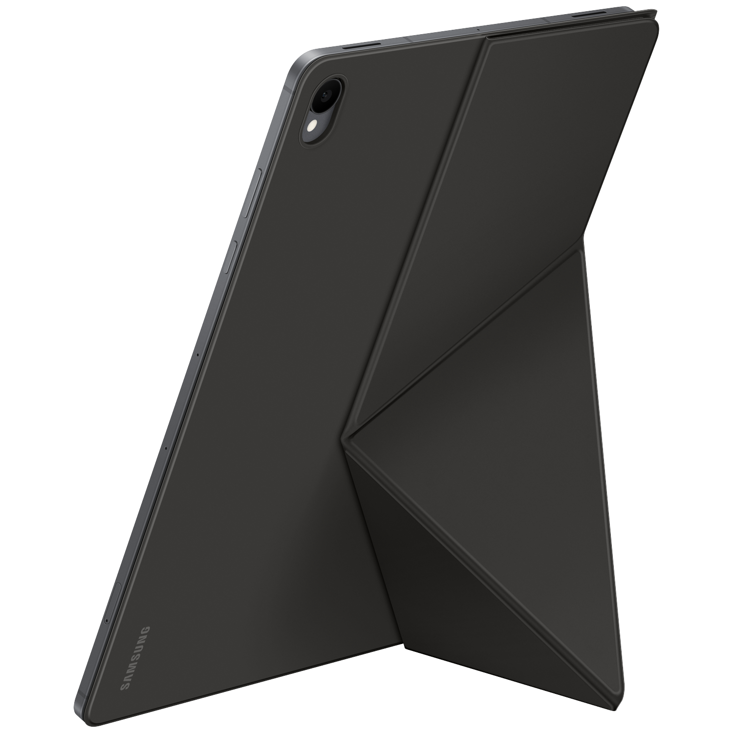 Donkere Samsung-tablet in beschermhoes op een zwarte achtergrond.