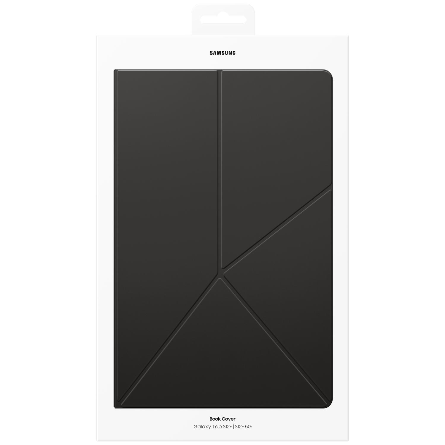 Zwarte Samsung Book Cover in de productverpakking.