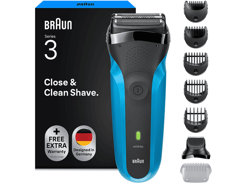 Rasoio elettrico barba BRAUN Serie 3 Braun 310BT, 2 elementi di rasatura a lamina e 1 rifinitore centrale per i peli più lunghi, 5 pettini da 1, 2, 3, 7 mm