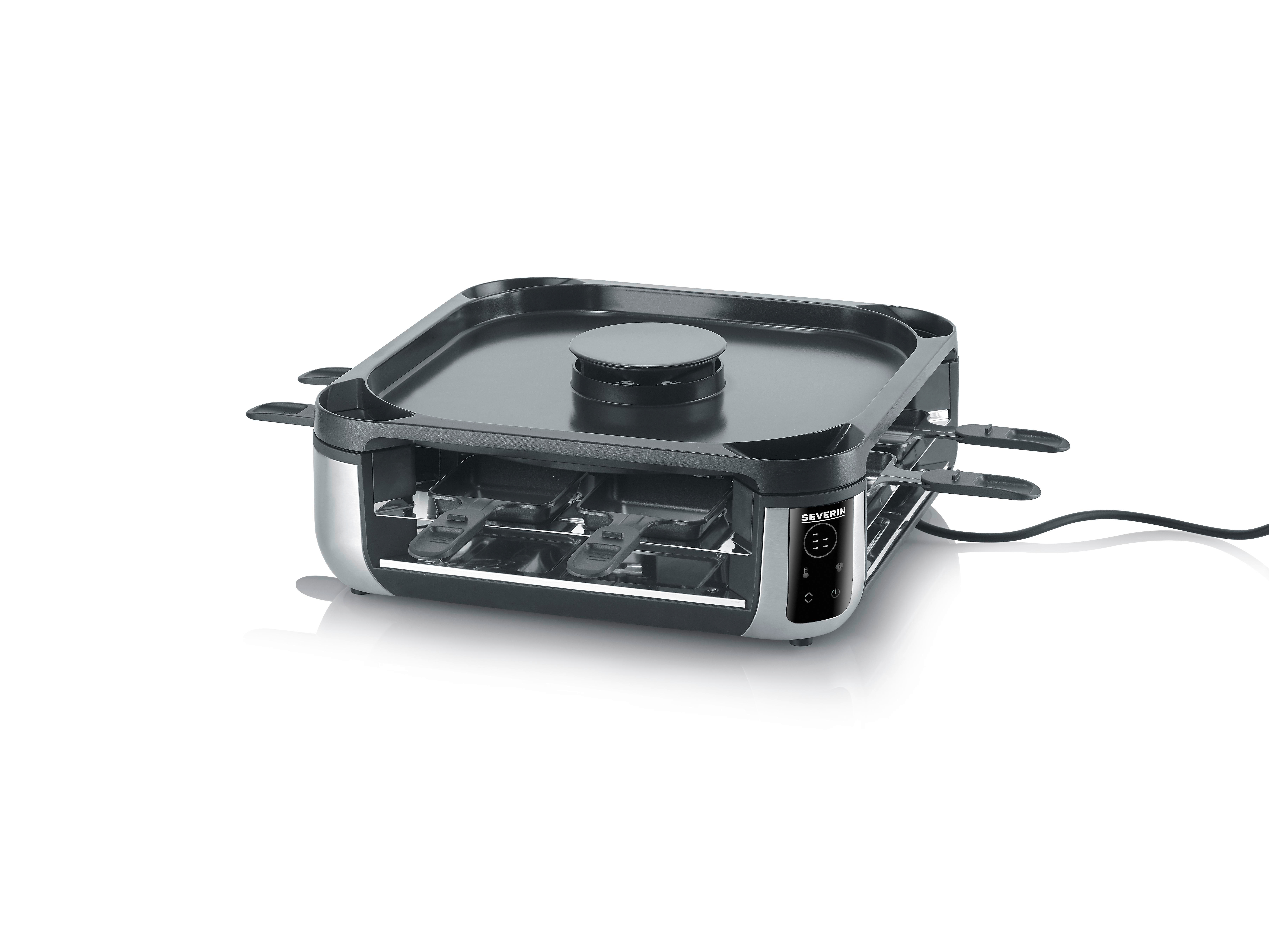Severin Raclette-Grill in Silber und Schwarz mit Digitaldisplay und kleinen Pfännchen auf weißem Hintergrund.