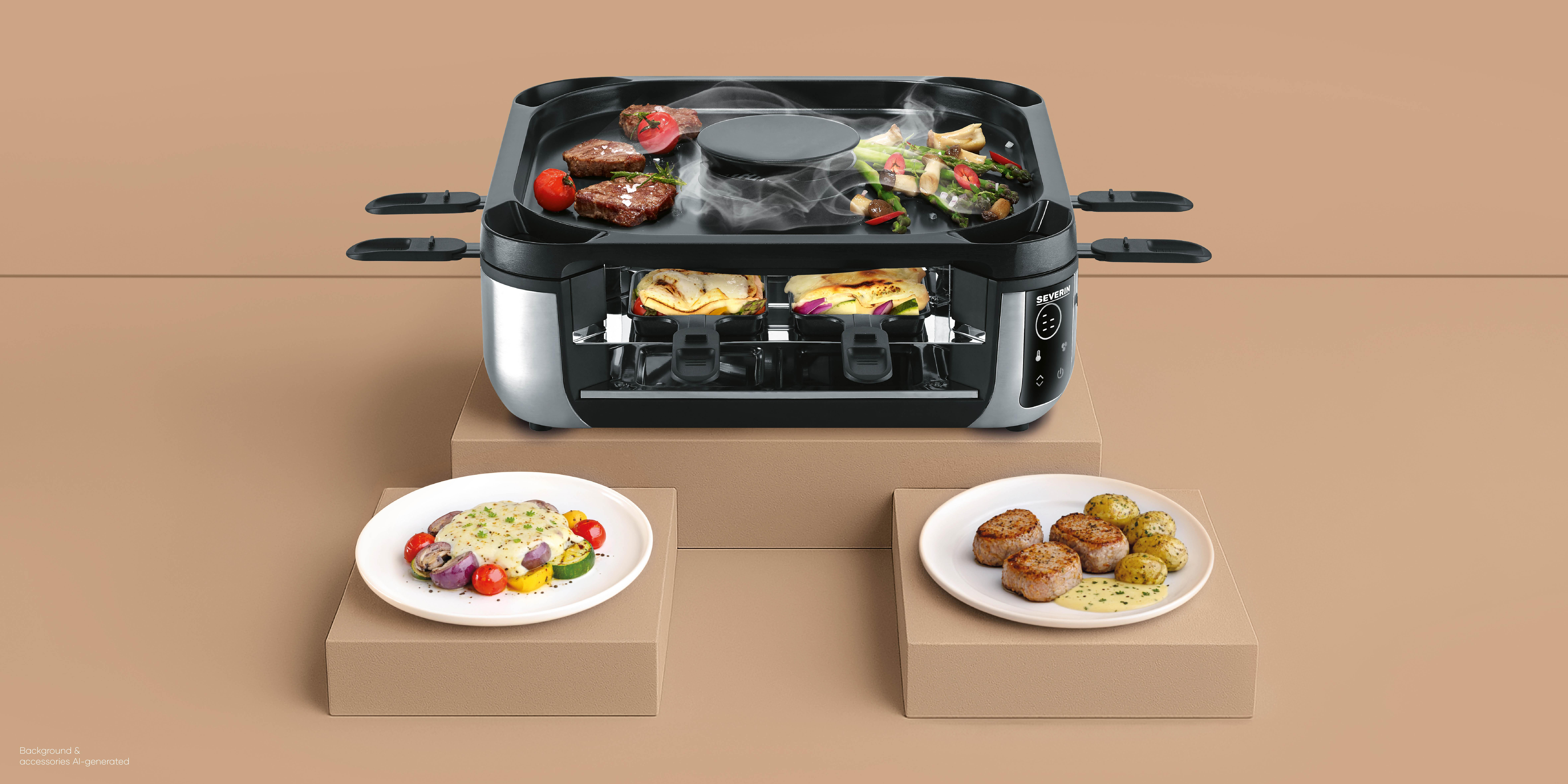 Ein Severin Raclette-Grill grillt Fleisch und Gemüse, während Teller mit zubereiteten Speisen auf Podesten stehen.