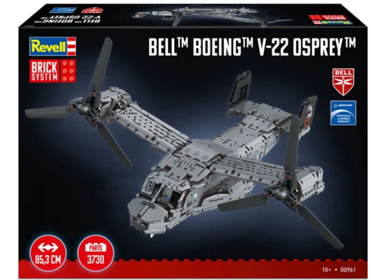 Revell Klemmbaustein-Schachtel zeigt ein graues Bell Boeing V-22 Osprey Modell mit großen Rotoren vor dunklem Hintergrund.