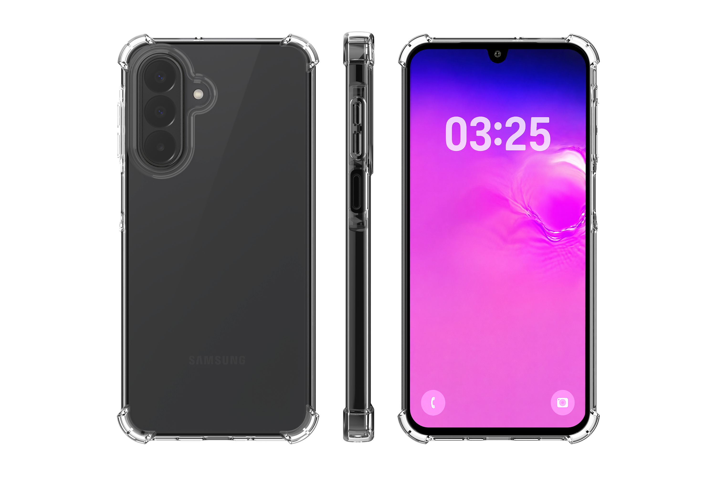 Drei Ansichten eines Smartphones in einer transparenten Schutzhülle mit verstärkten Ecken vor weißem Hintergrund.