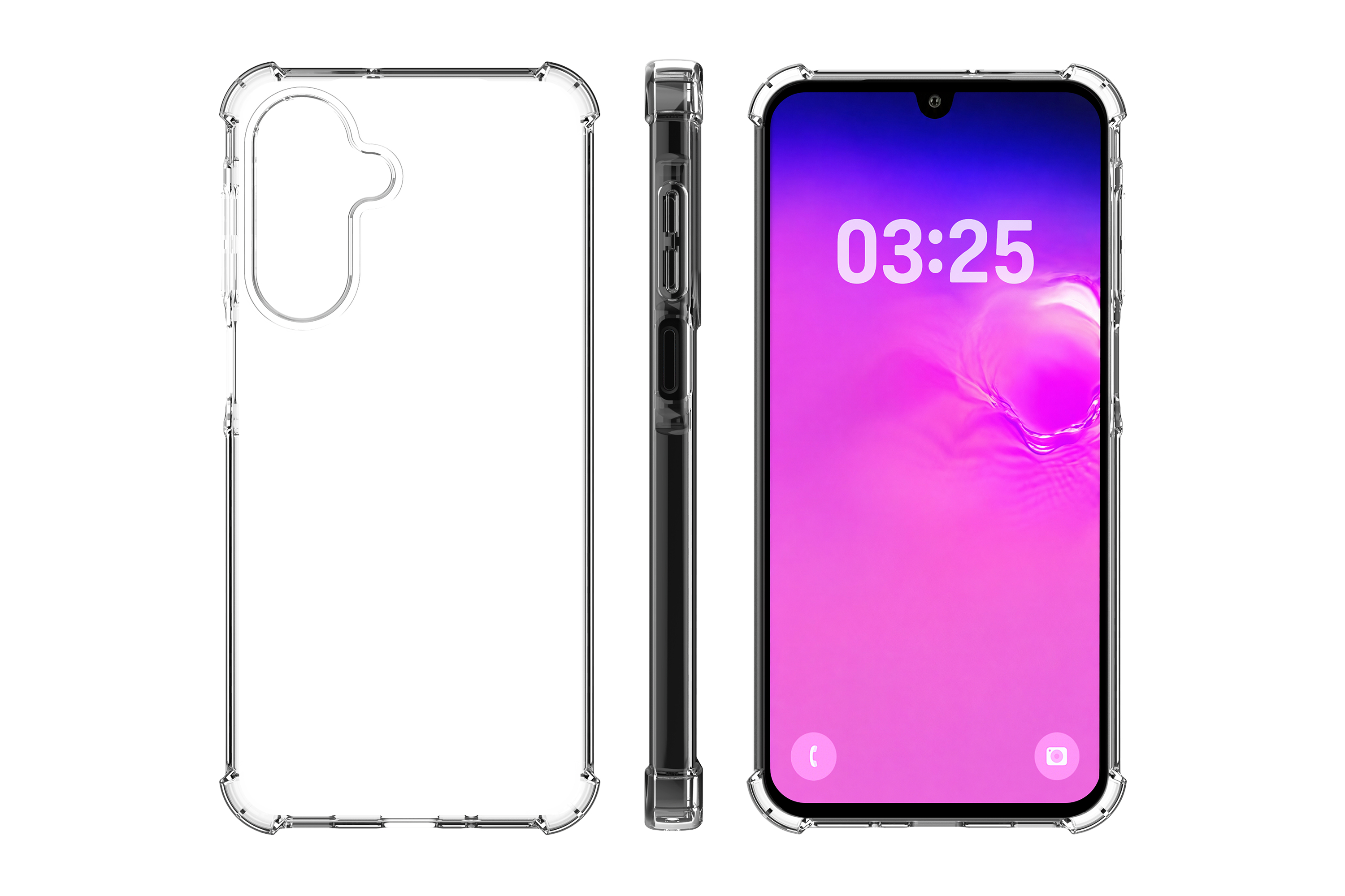 Transparente Schutzhülle gezeigt von hinten, der Seite und vorne auf einem Smartphone.