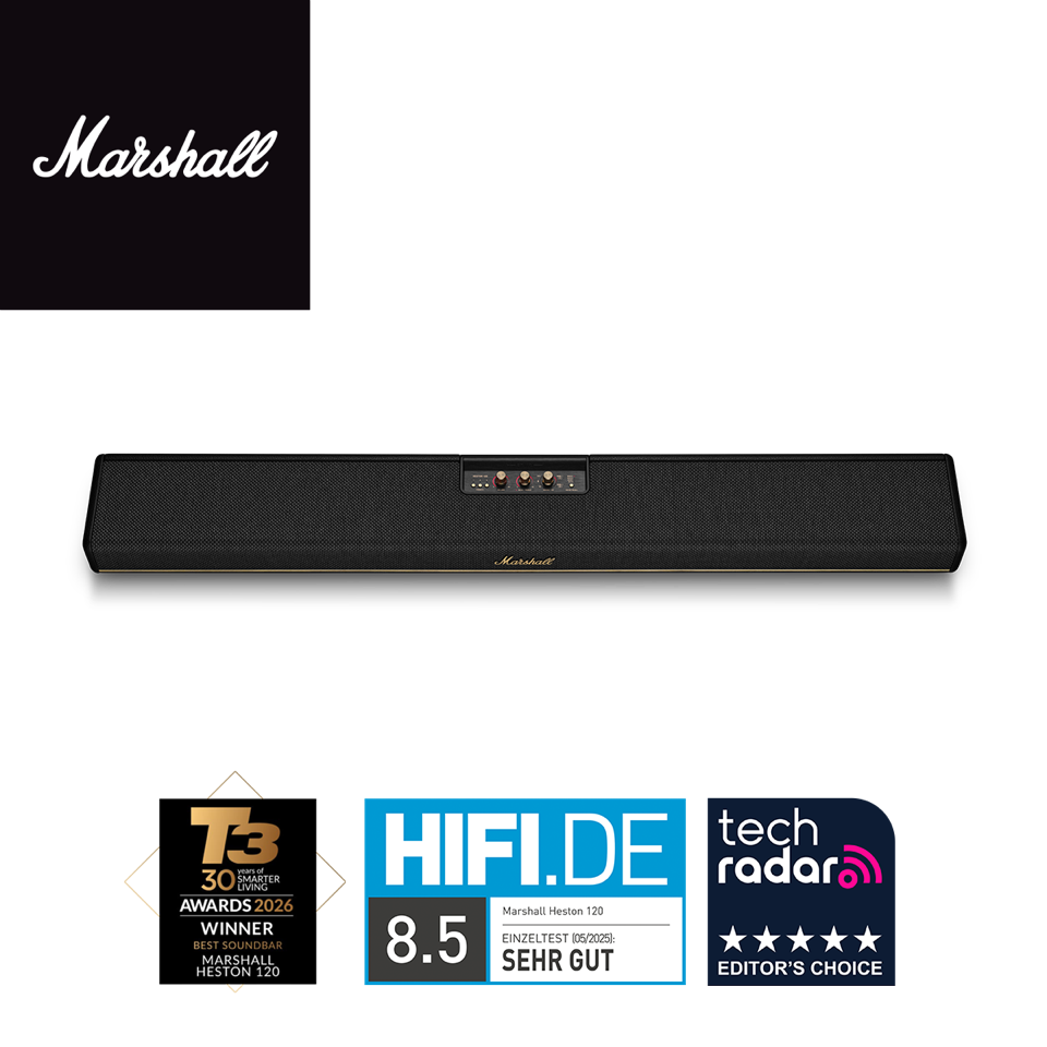 Schwarze Marshall-Soundbar mit Goldknöpfen, T3-Award, HIFI.DE-Bewertung von 8.5 und TechRadar Editor's Choice.