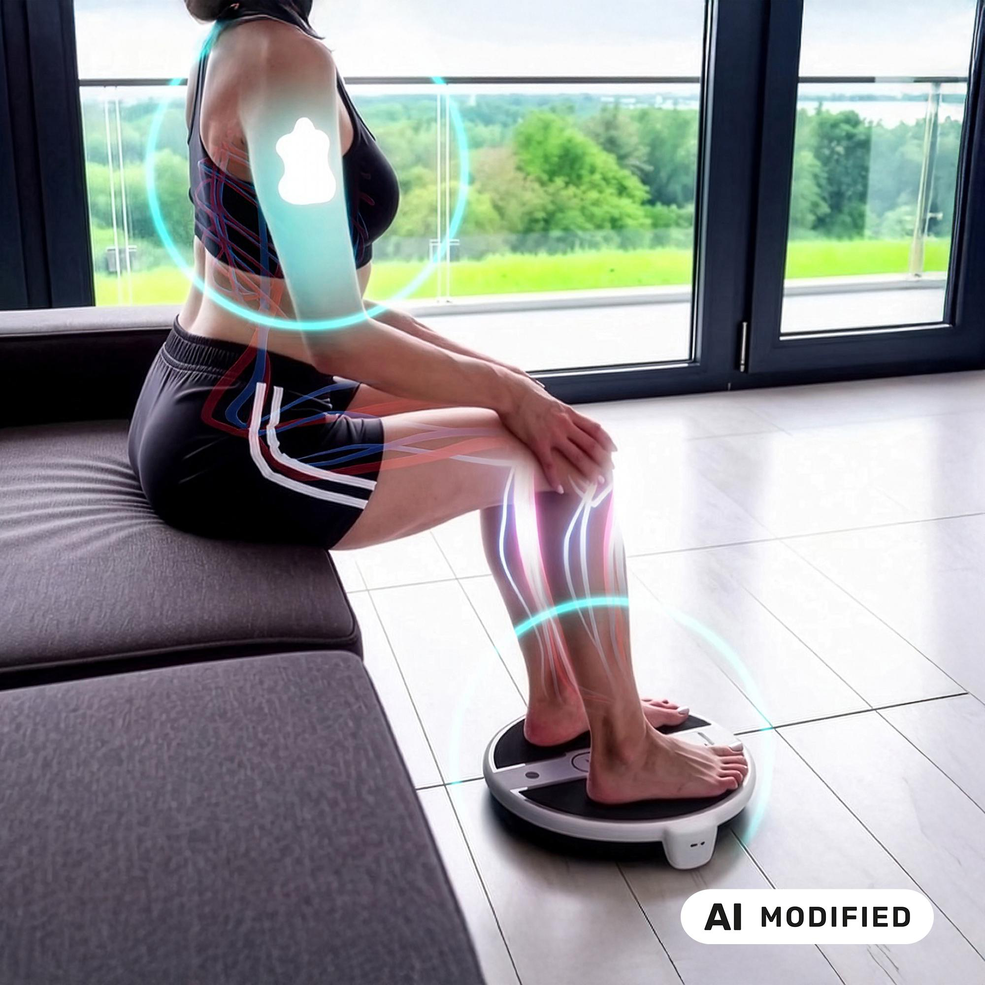 Eine Frau sitzt auf einem Sofa, die Füße auf einem runden Gerät, mit leuchtenden Grafiken auf ihrem Körper.
