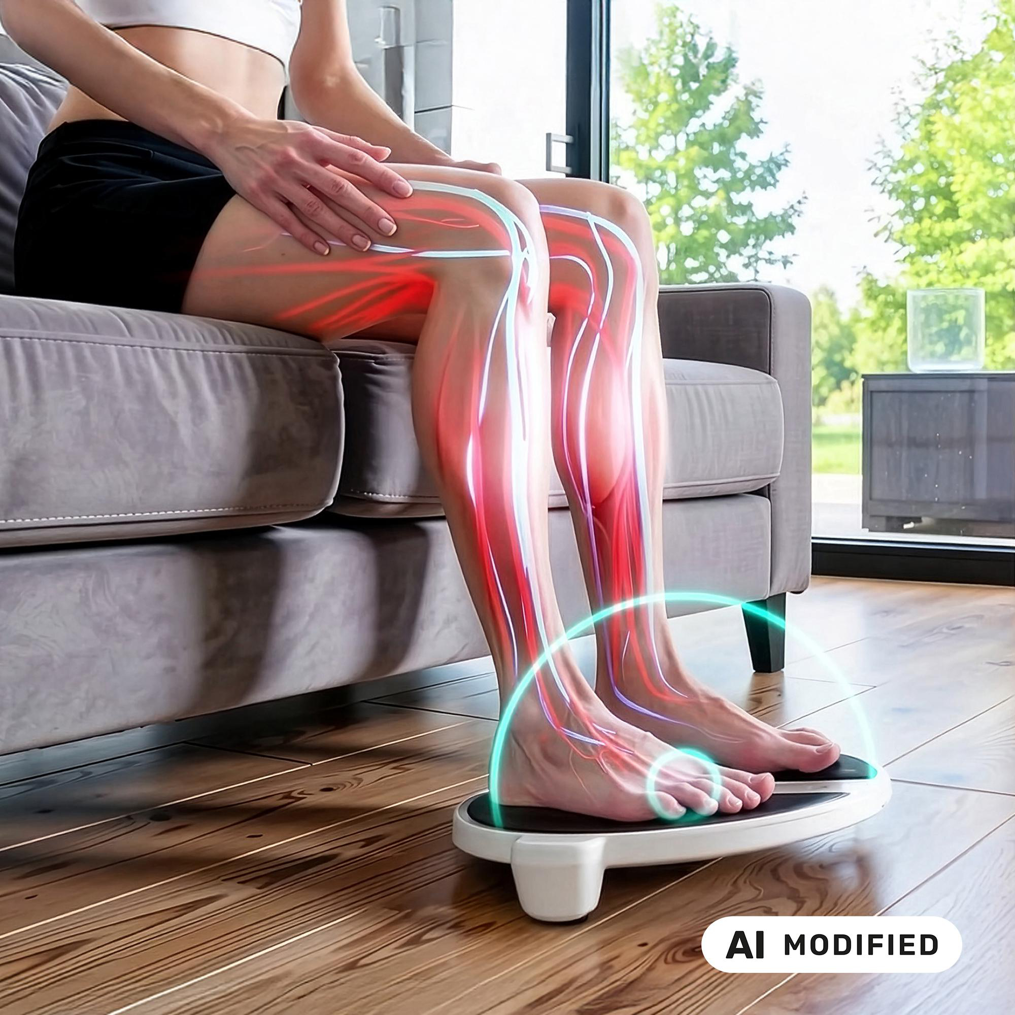 Person sitzt auf Sofa, Füße auf Vibrationsplatte, digitale Muskel- und Nervengrafiken sichtbar.