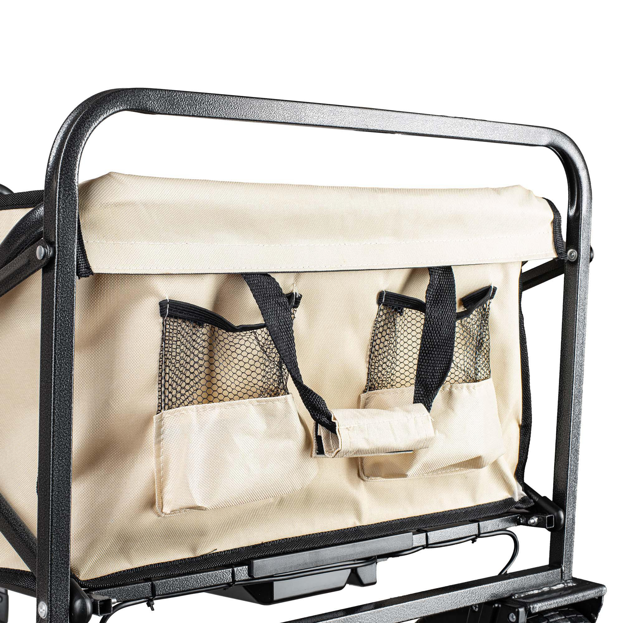 Beiger Bollerwagen mit schwarzem Metallgestell und zwei Netztaschen vorne.
