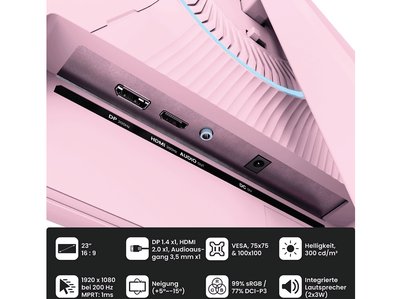 AROZZI LED 23,8 Zoll Gaming Monitor, Full-HD, 1 ms Reaktionszeit, 300 cd/m², 200 Hz, Pink — Foto 4 von 5