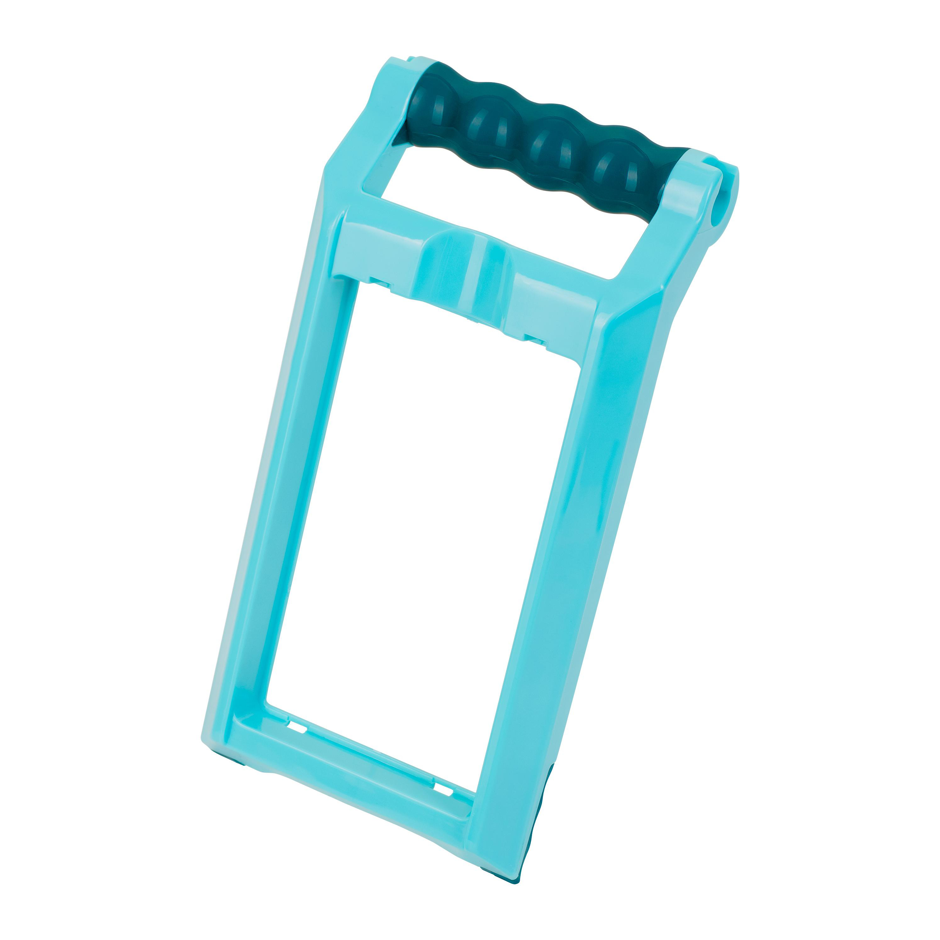 Ein hellblauer Plastikhalter mit einem dunklen, ergonomischen Griff auf einem weißen Hintergrund.