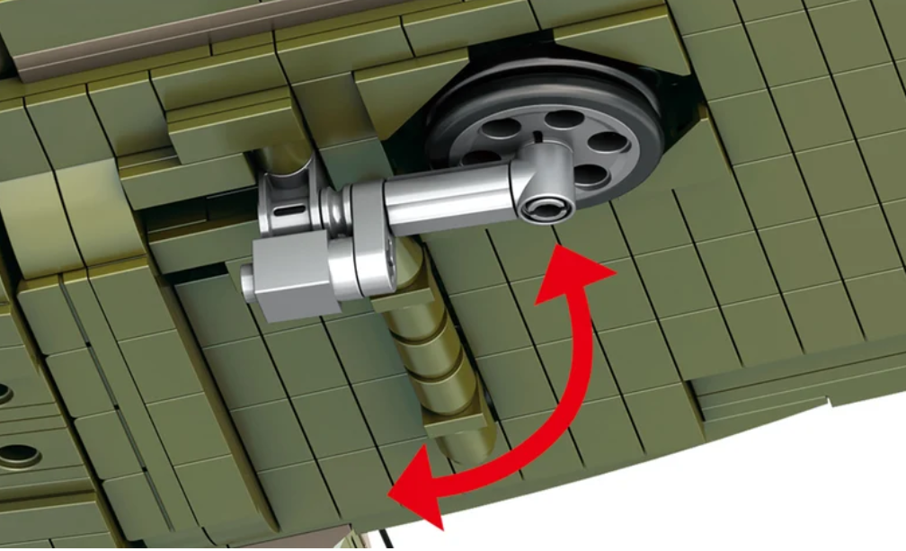 Unterseite eines grünen LEGO-Modells mit grauen mechanischen Teilen und einem roten gebogenen Pfeil.