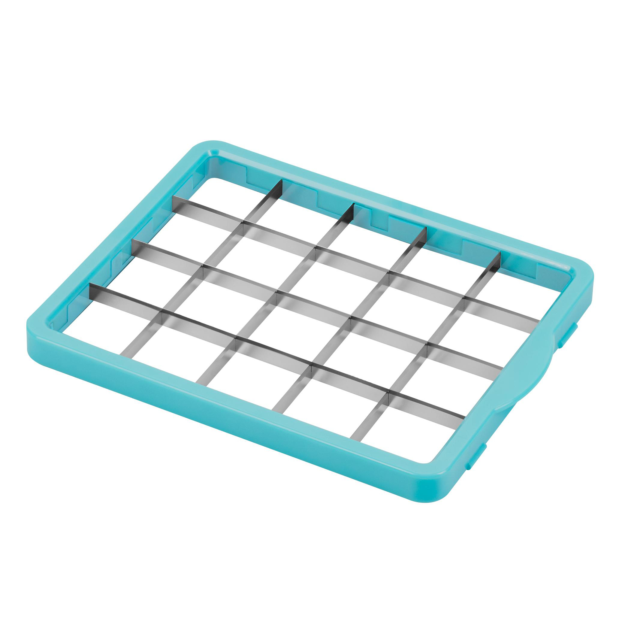 Ein blauer Küchenschneider-Einsatz mit einem Gitter aus silbernen Metallklingen auf weißem Hintergrund.
