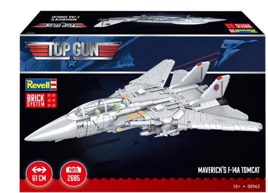 Verpackung eines Revell Top Gun Maverick's F-14A Tomcat Klemmbaustein-Sets mit grauem Flugzeug.