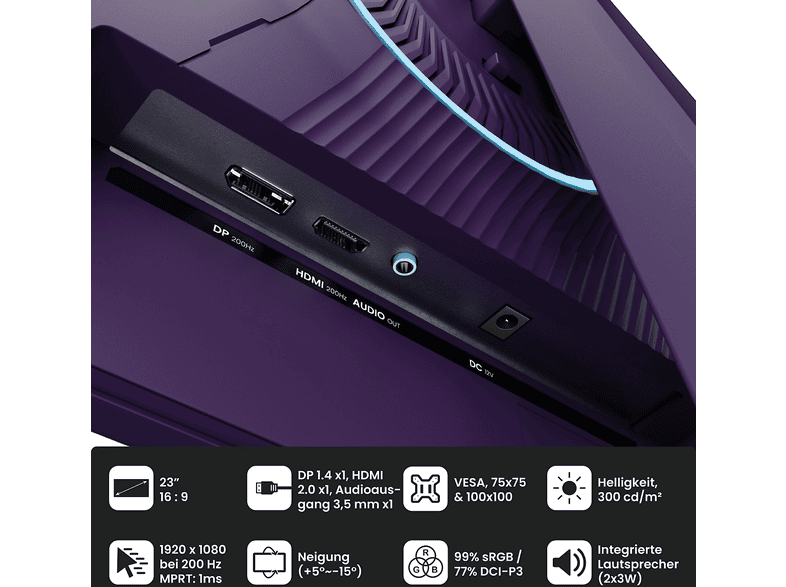 AROZZI LED 23,8 Zoll Gaming Monitor, Full-HD, 1 ms Reaktionszeit, 300 cd/m², 200 Hz, Purple — Foto 4 von 5
