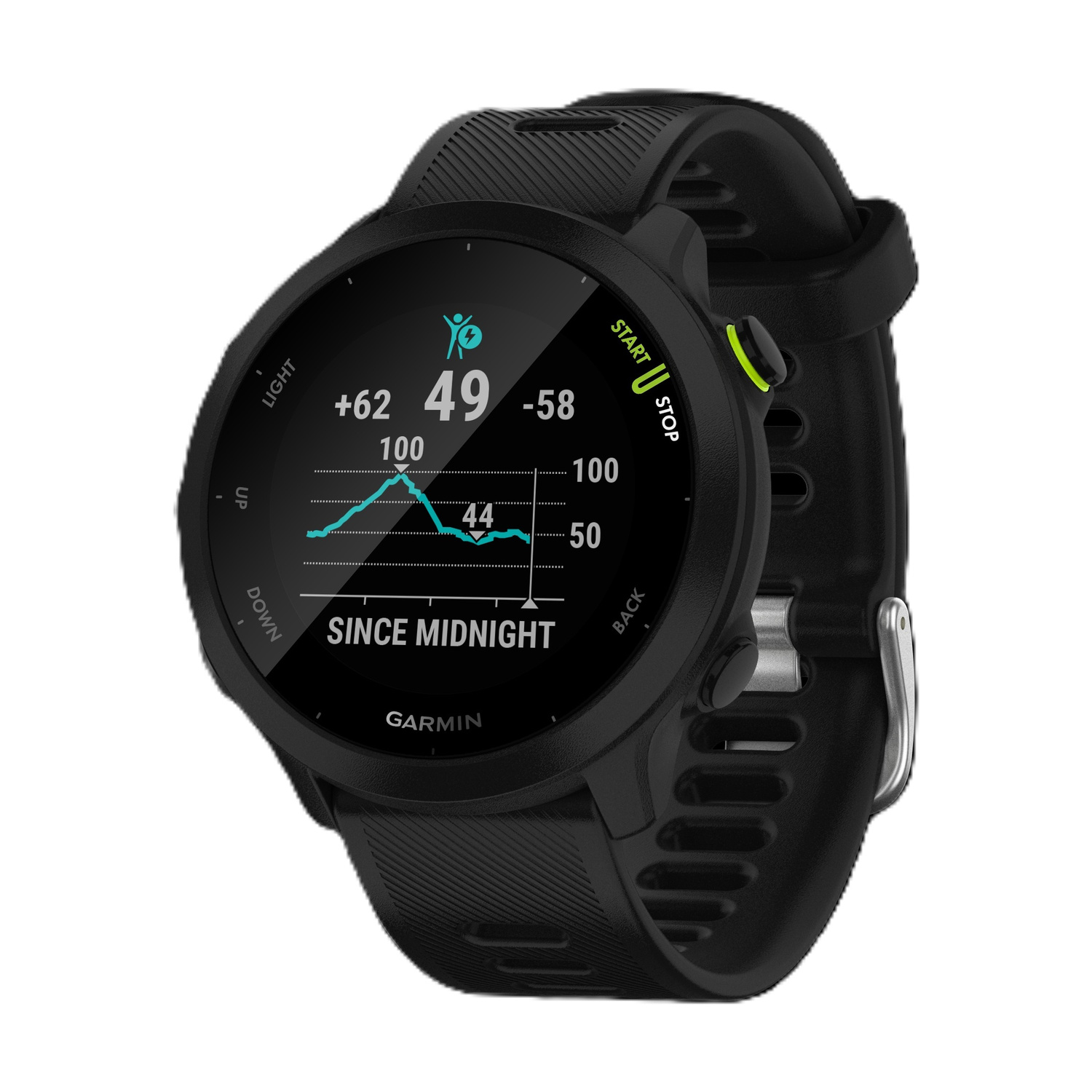 Un orologio sportivo Garmin nero mostra un grafico di dati sullo schermo.