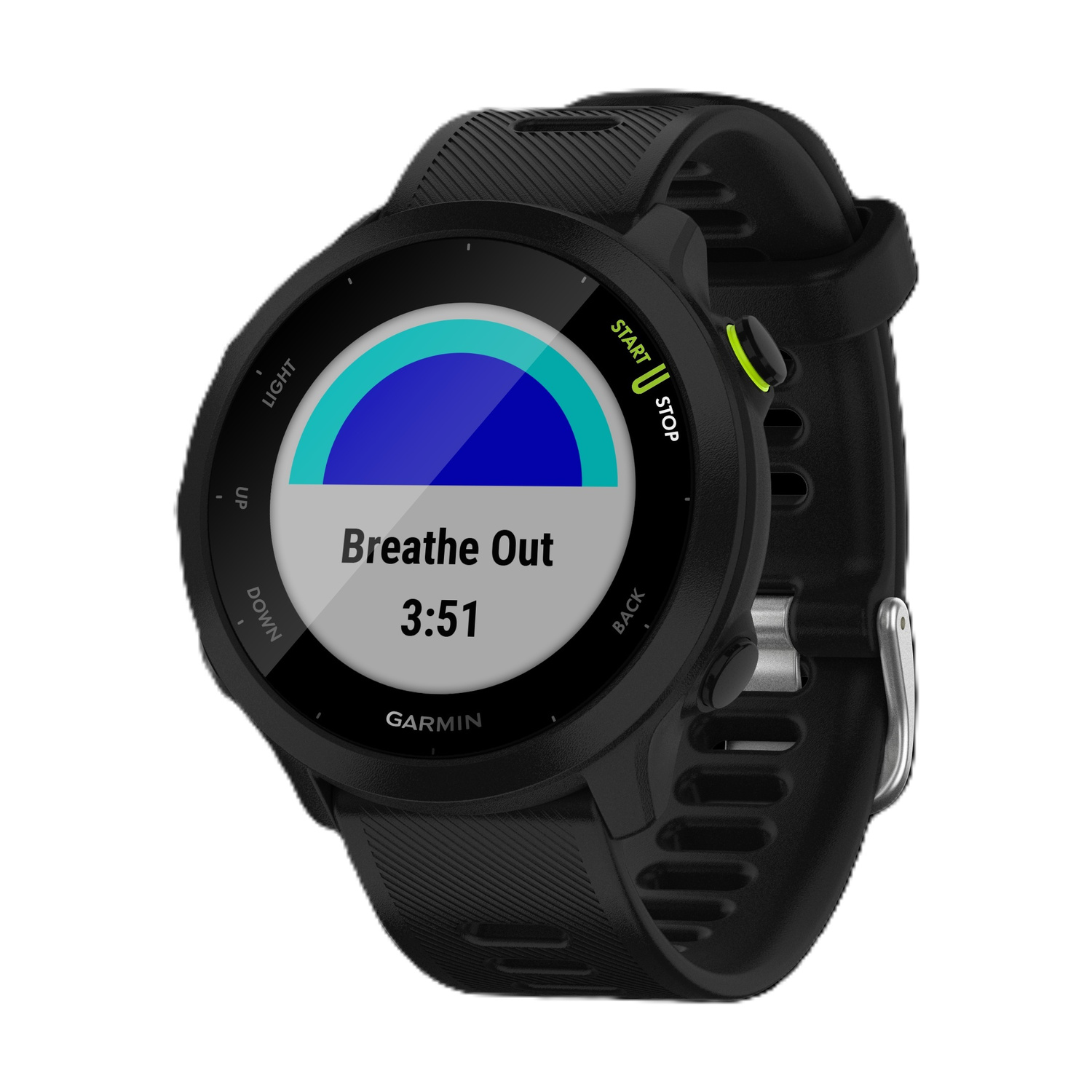 Orologio sportivo Garmin nero con esercizio di respirazione e timer.