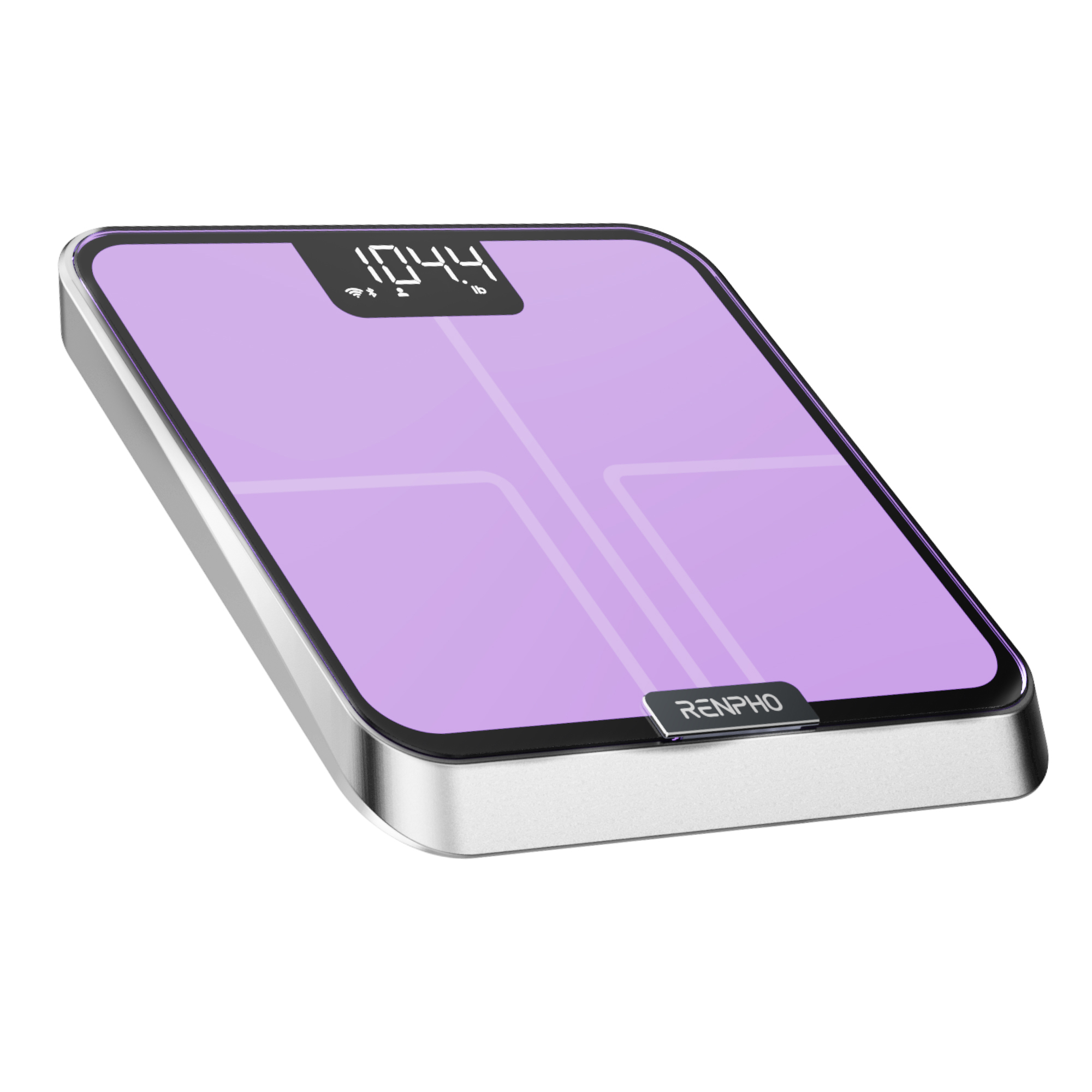 Una báscula de baño digital púrpura con pantalla iluminada y el logotipo de RENPHO.
