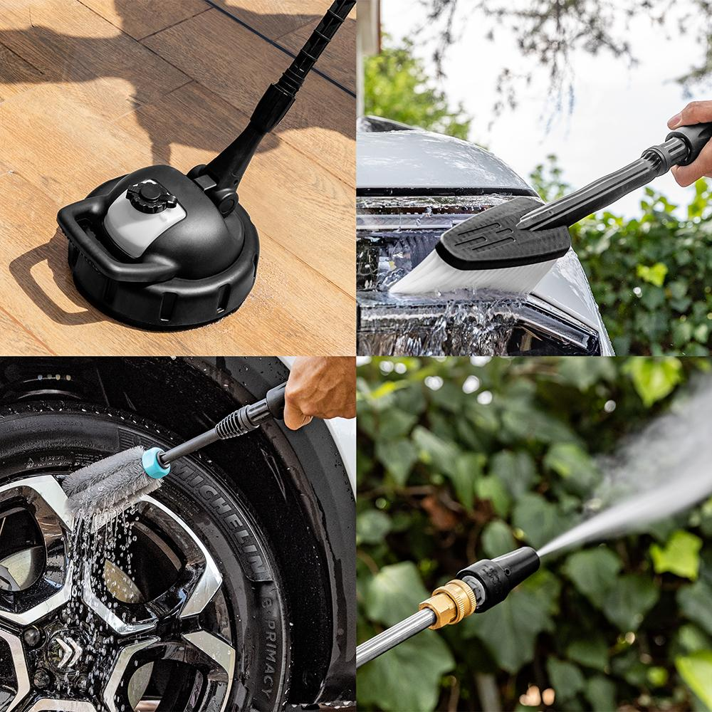 Cuatro imágenes de accesorios de hidrolavadora limpiando madera, un auto, un neumático y rociando agua.