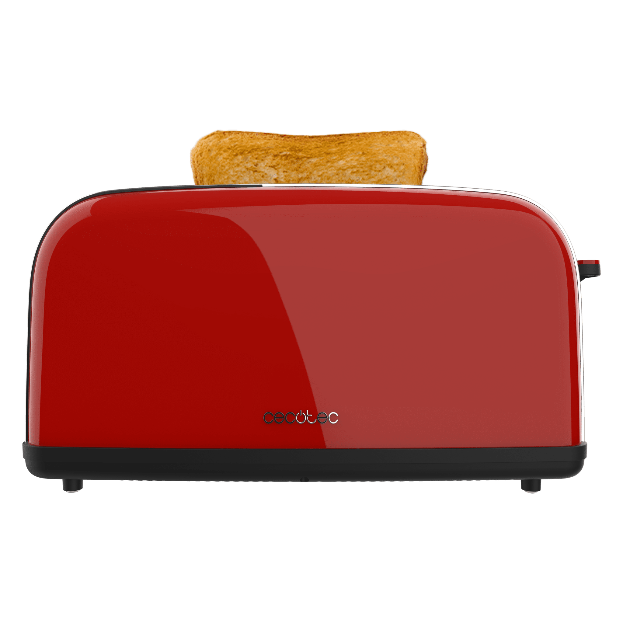 Una tostadora roja brillante sobre fondo negro con una rebanada de pan asomando por arriba.