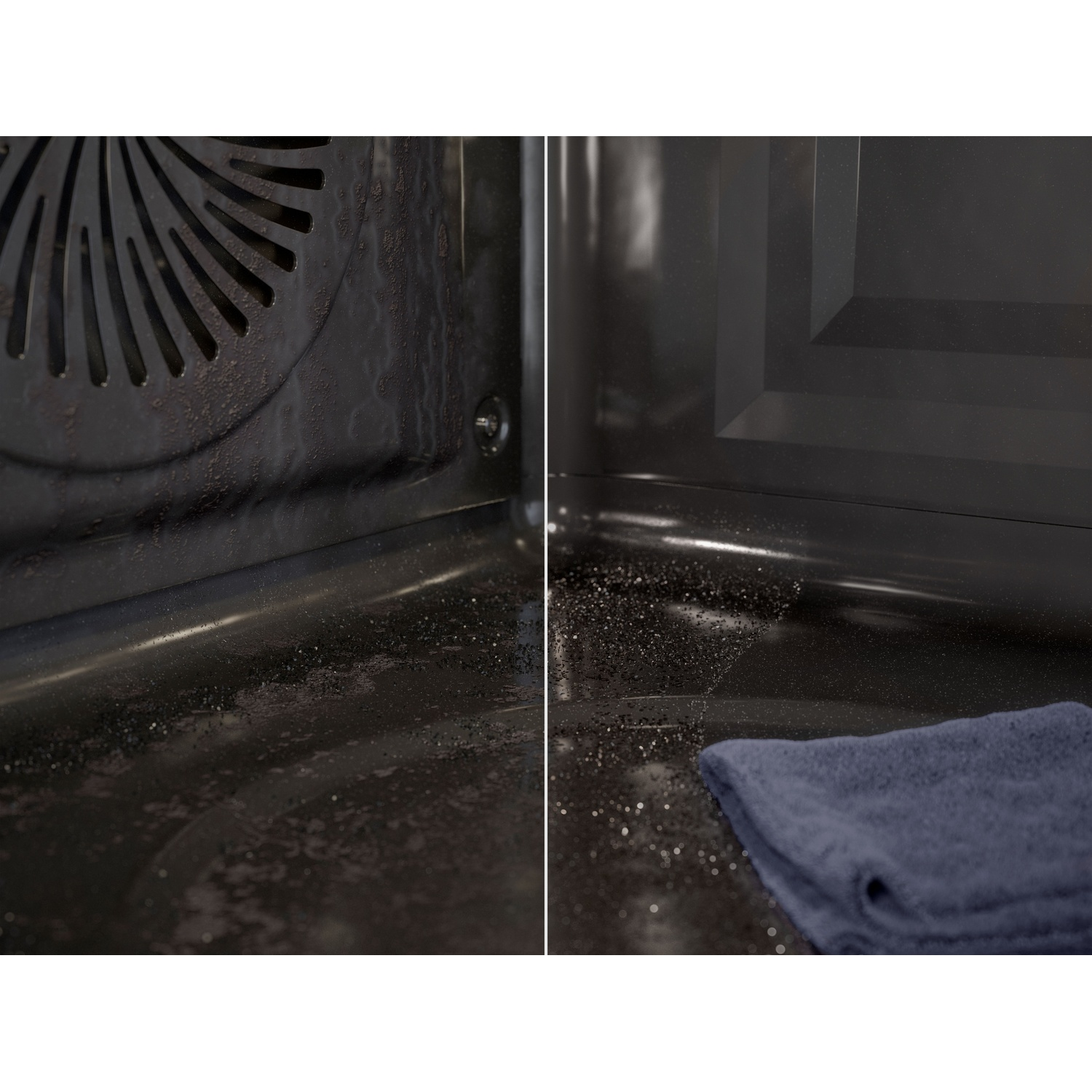 Immagine divisa che mostra un forno sporco a sinistra e pulito con un panno blu a destra.