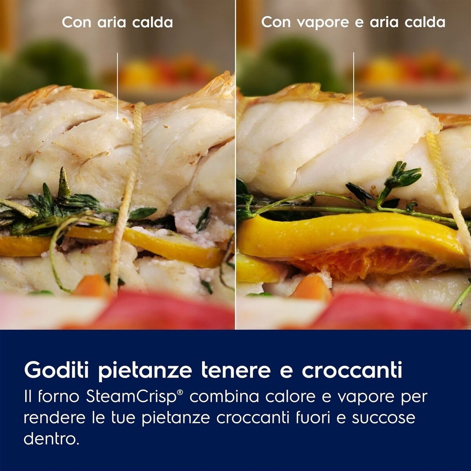 Confronto tra due piatti di pesce con cottura diversa e testo promozionale in italiano in basso.