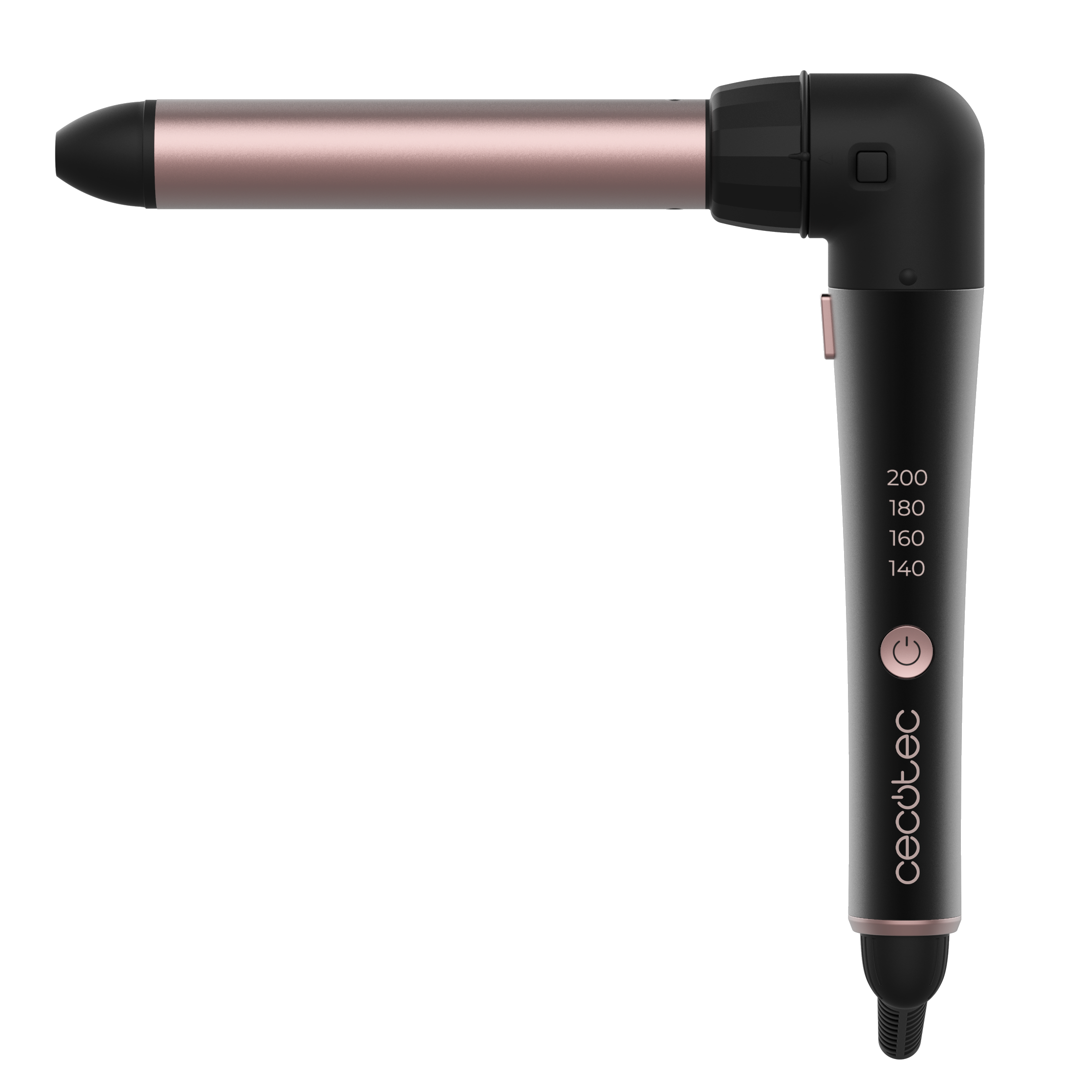 Rizador de pelo negro y oro rosa con ajustes de temperatura sobre fondo negro.